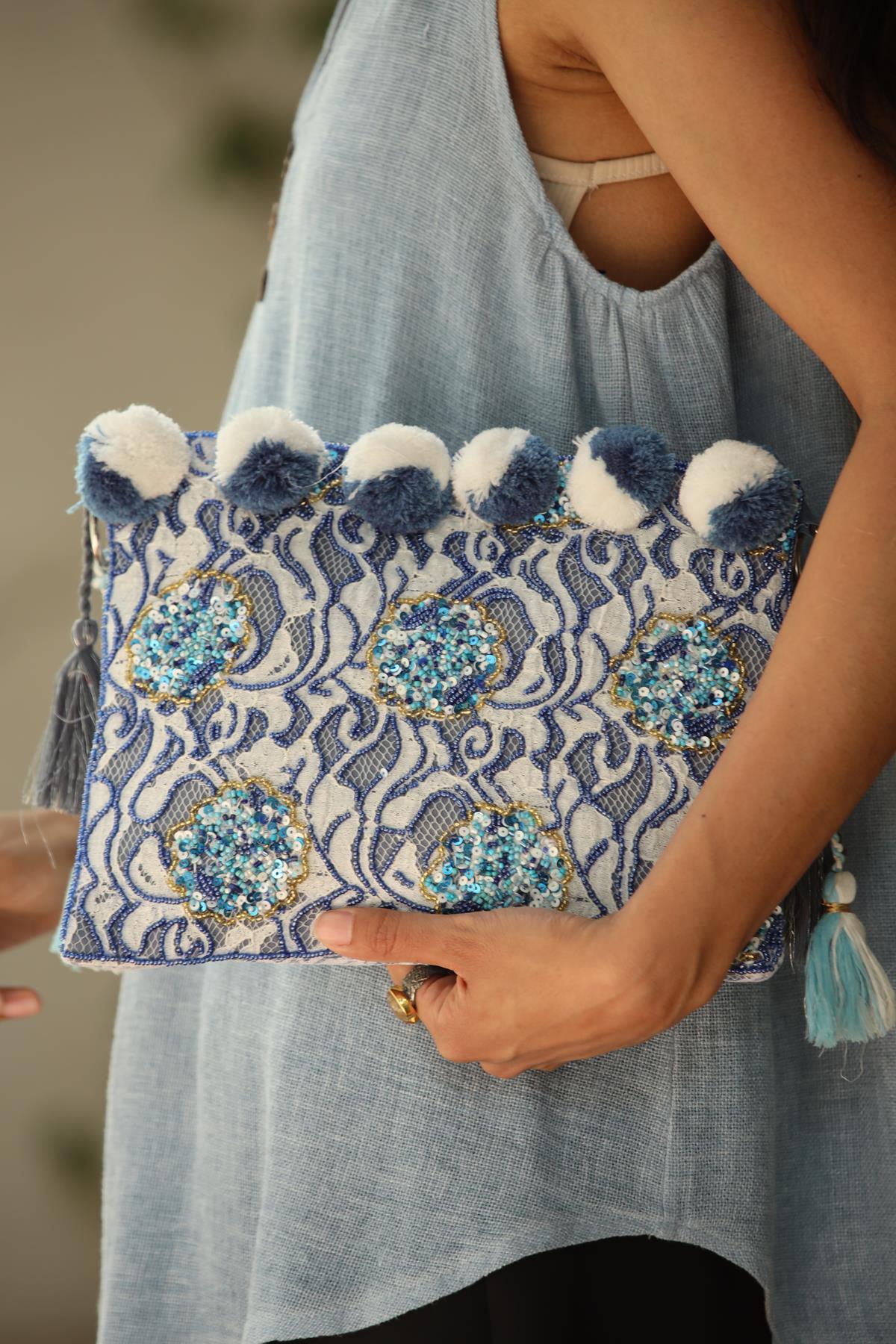 White Pom Pom Envelope Bag