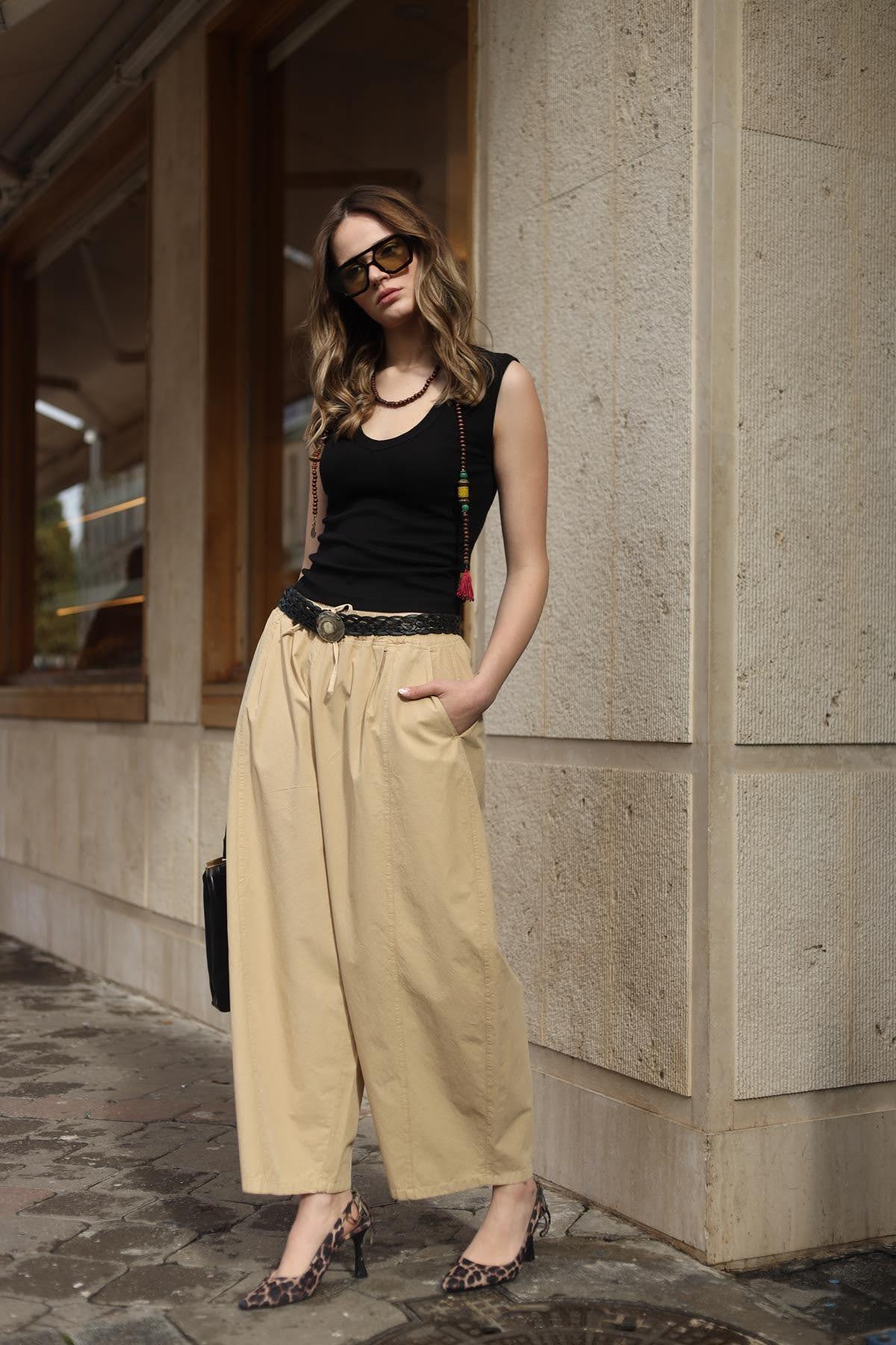 Camel Rengi Dikişli Balon Paça Pantolon