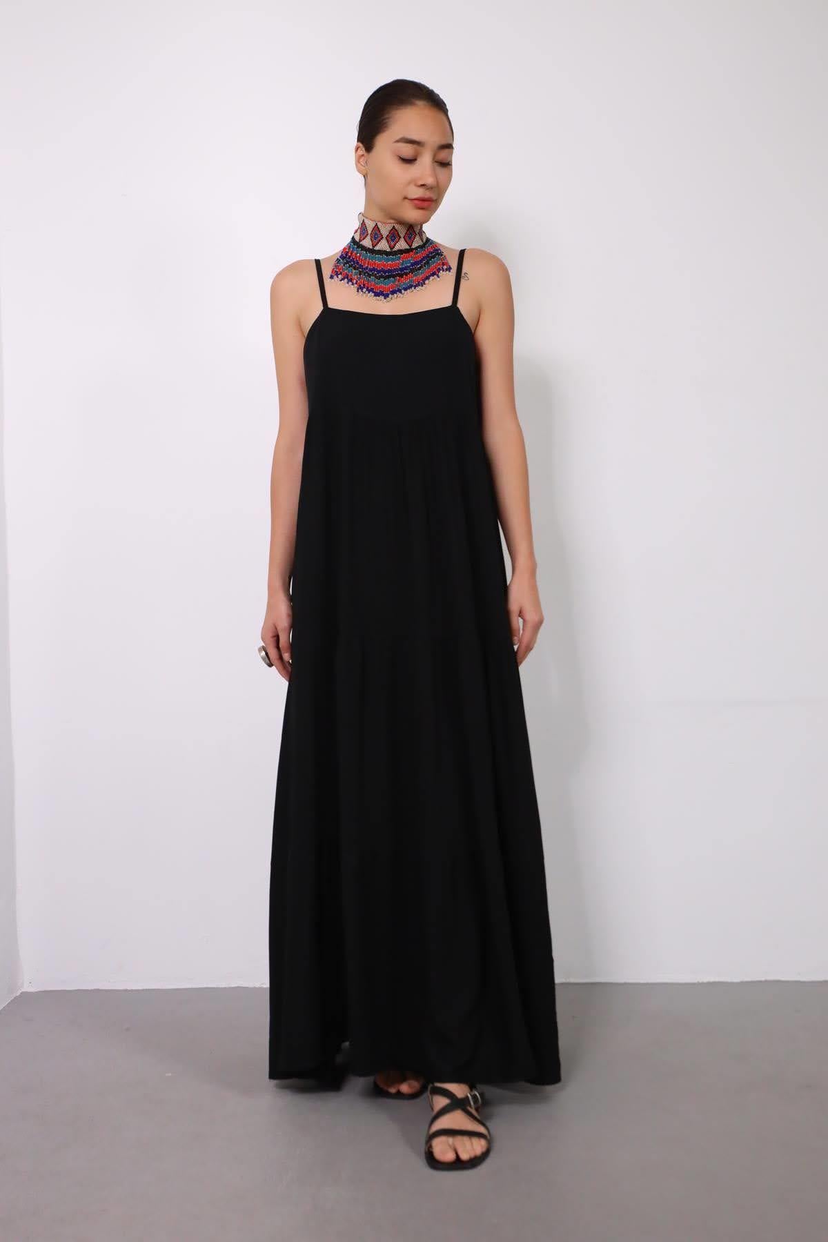 Siyah Ayarlanabilir İp Askılı Yandan Fermuarlı Elbise - Şaman Butik Siyah Ayarlanabilir İp Askılı Yandan Fermuarlı Elbise