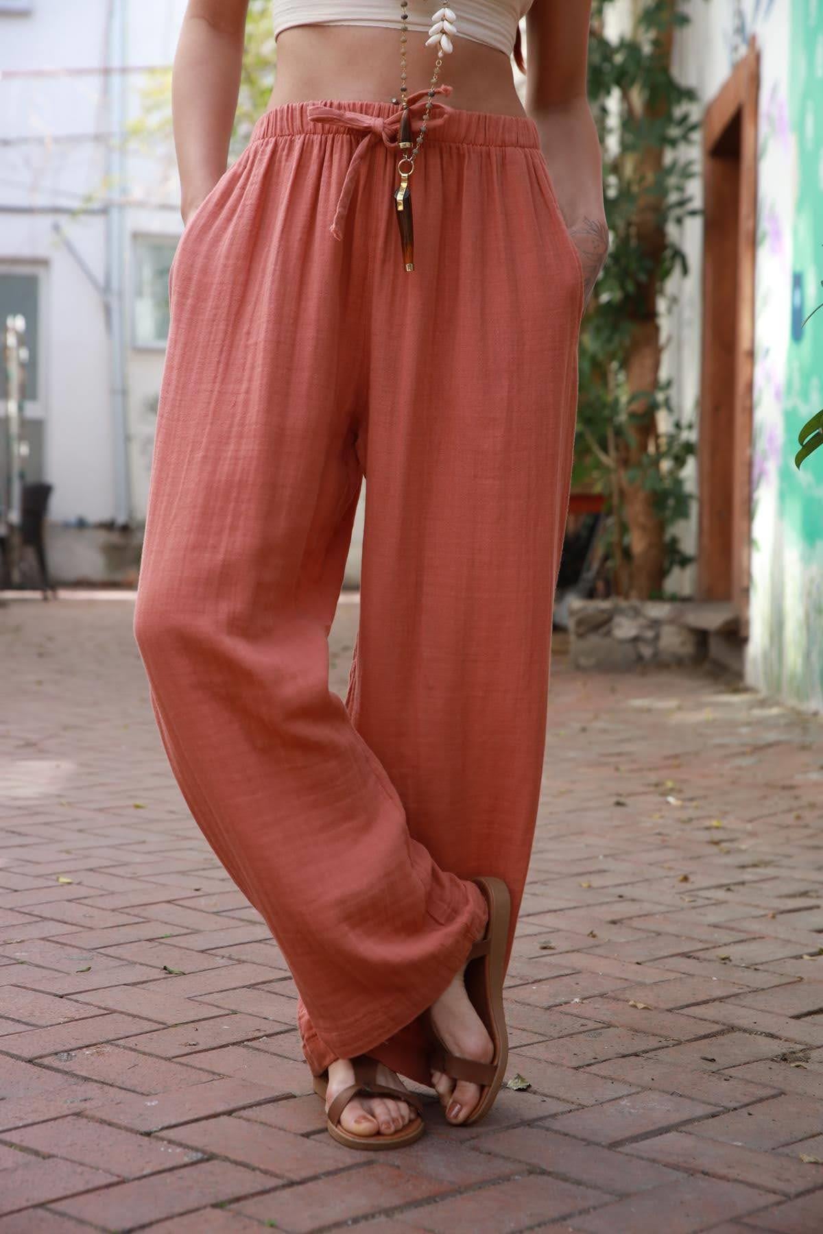 Somon Rengi Beli Lastikli İpli Müslin Pantolon