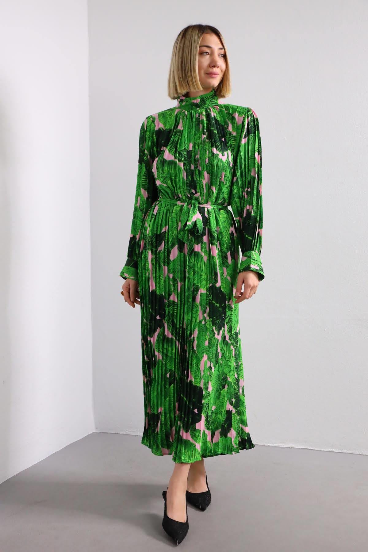 Green Patterned Pleated Chic Dress - Saman Butik | Shop Online Green Patterned Pleated Chic Dress
