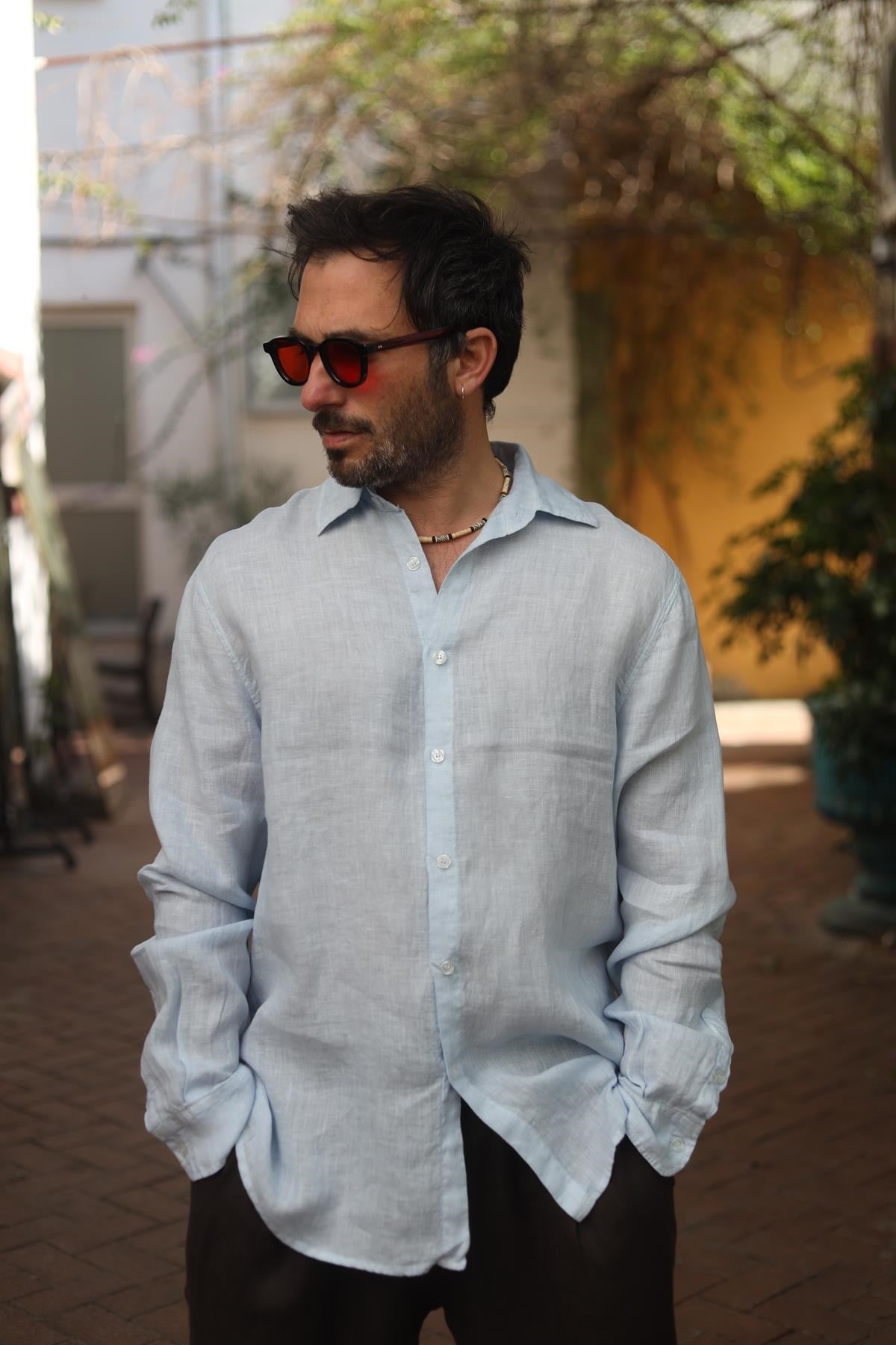 Açık Mavi Keten Klasik Erkek Gömlek