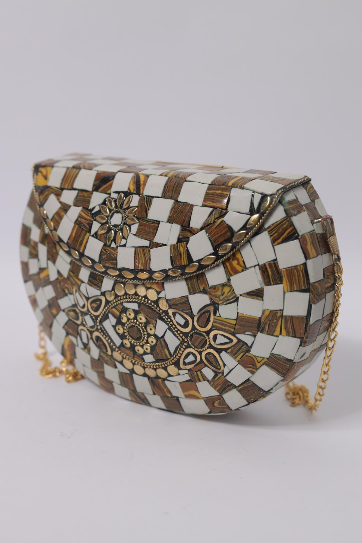 Hardal Beyaz Taşlı Özel Tasarım Çanta