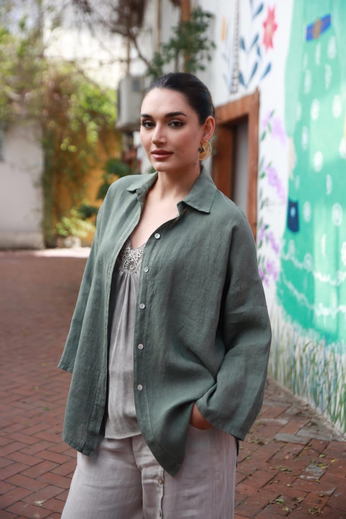 Khaki Buttoned Back Linen Shirt