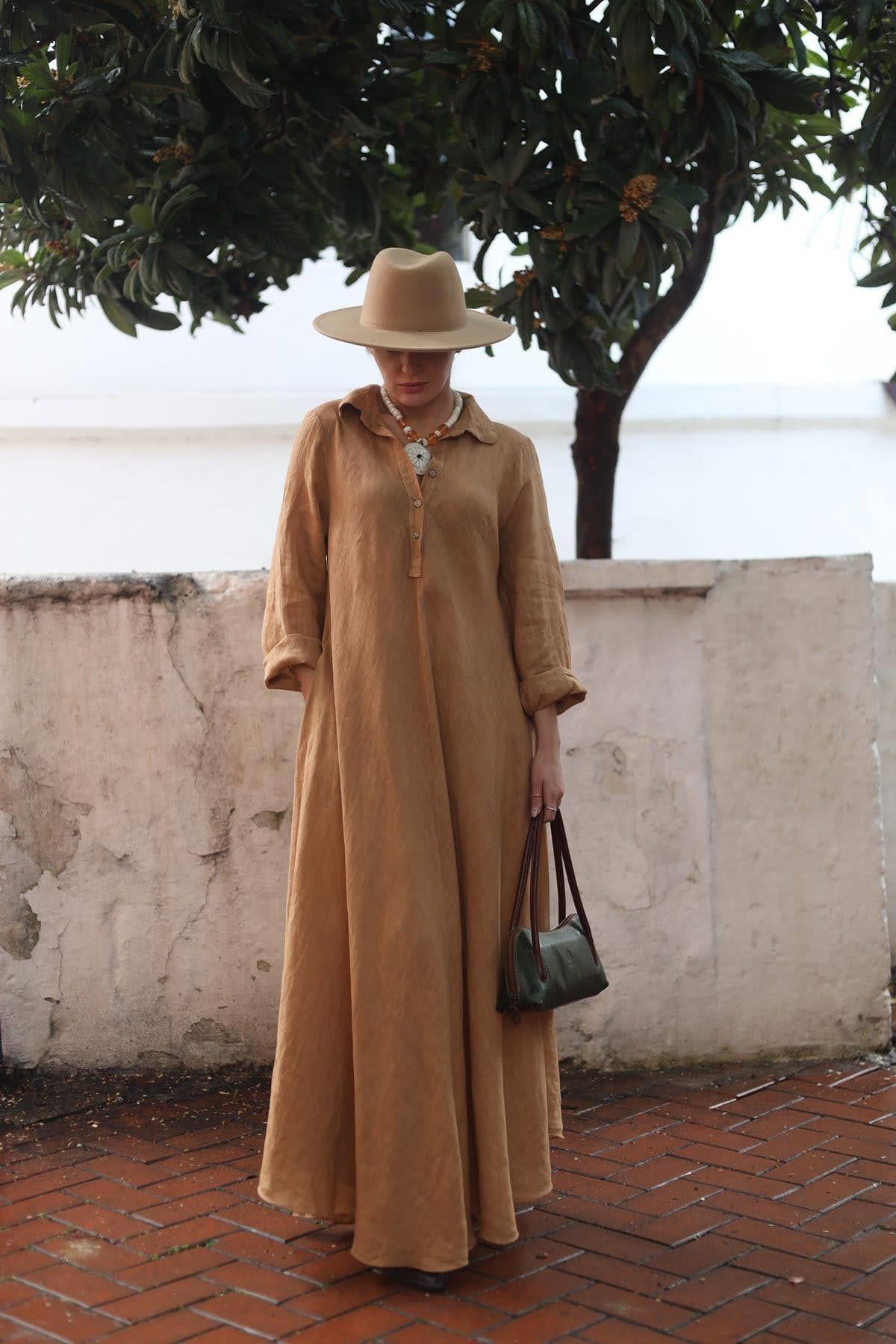Camel Rengi Gömlek Yaka Keten Kloş Elbise