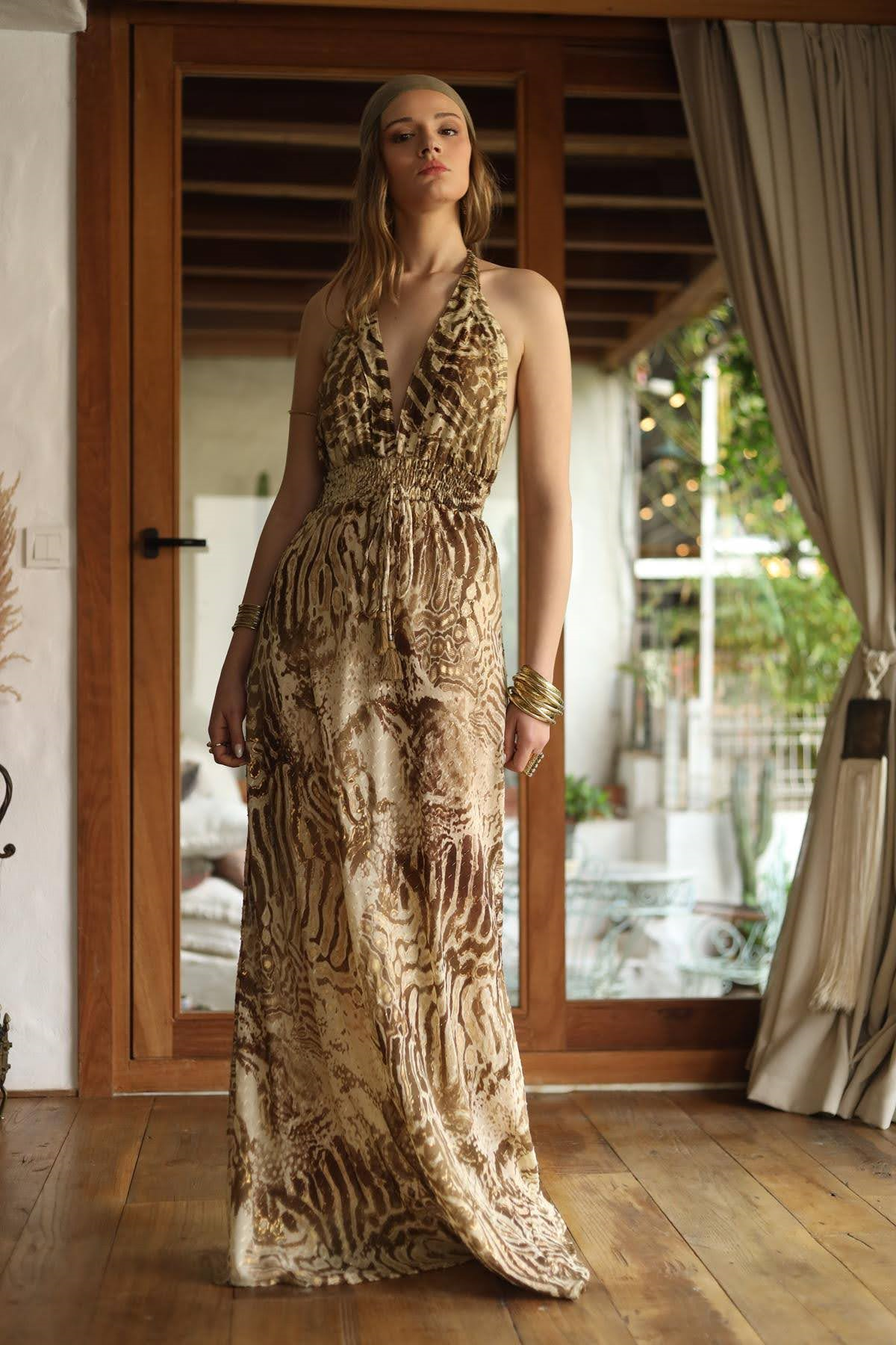 Vizon Rengi Boyundan Askılı Pamuklu Otantik Elbise