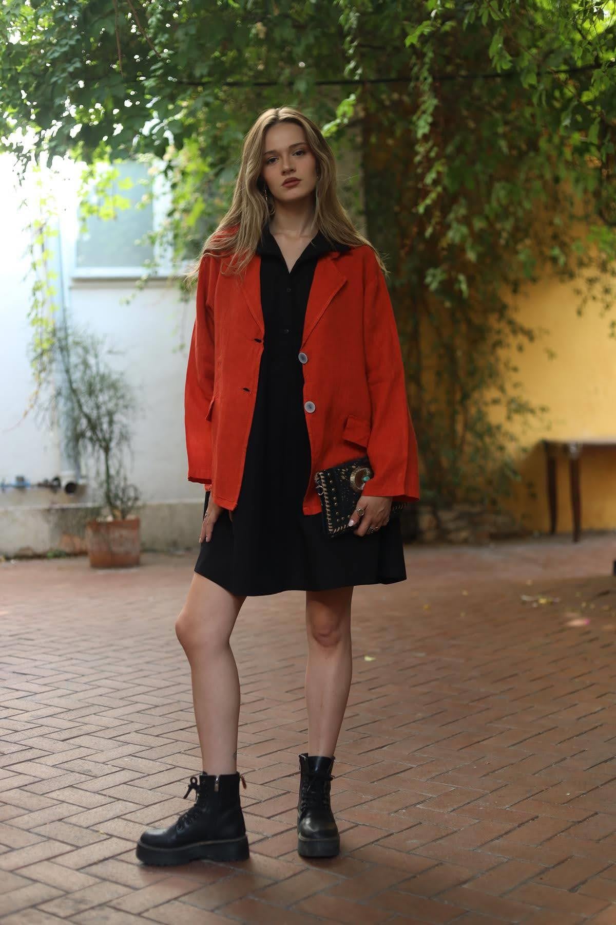 Coral Color Linen Double Button Jacket