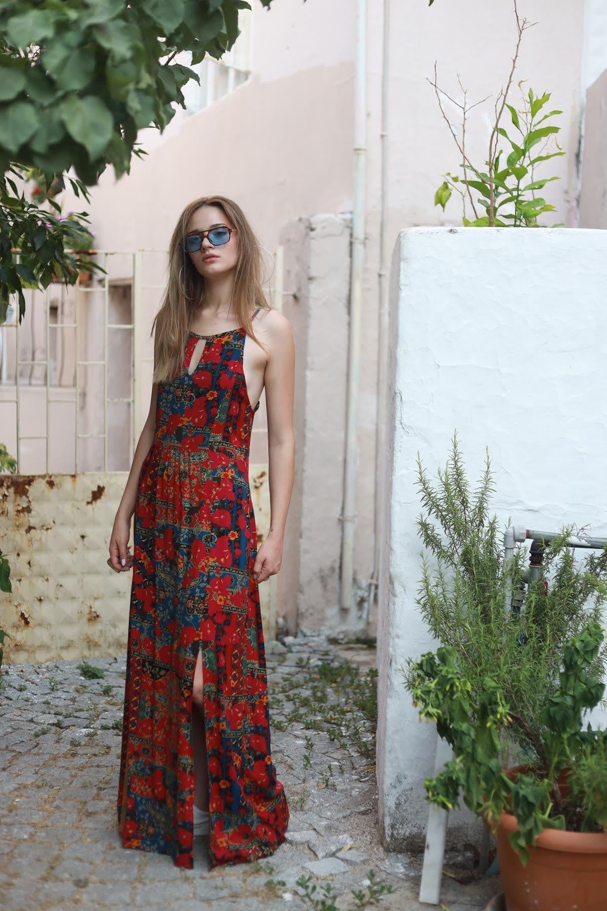 Bordo Desenli Boyundan Bağlamalı Elbise