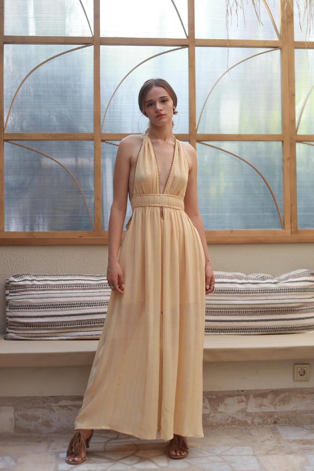 Kavuniçi Gold Çizgili Boncuk Detaylı Bohem Elbise