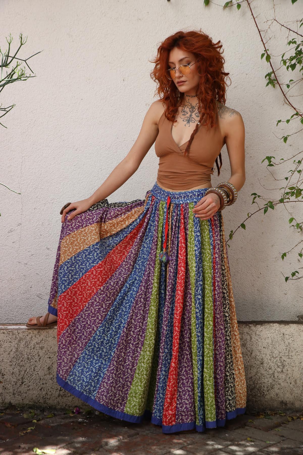 Renkli Beli Lastikli Püsküllü Patchwork Etek