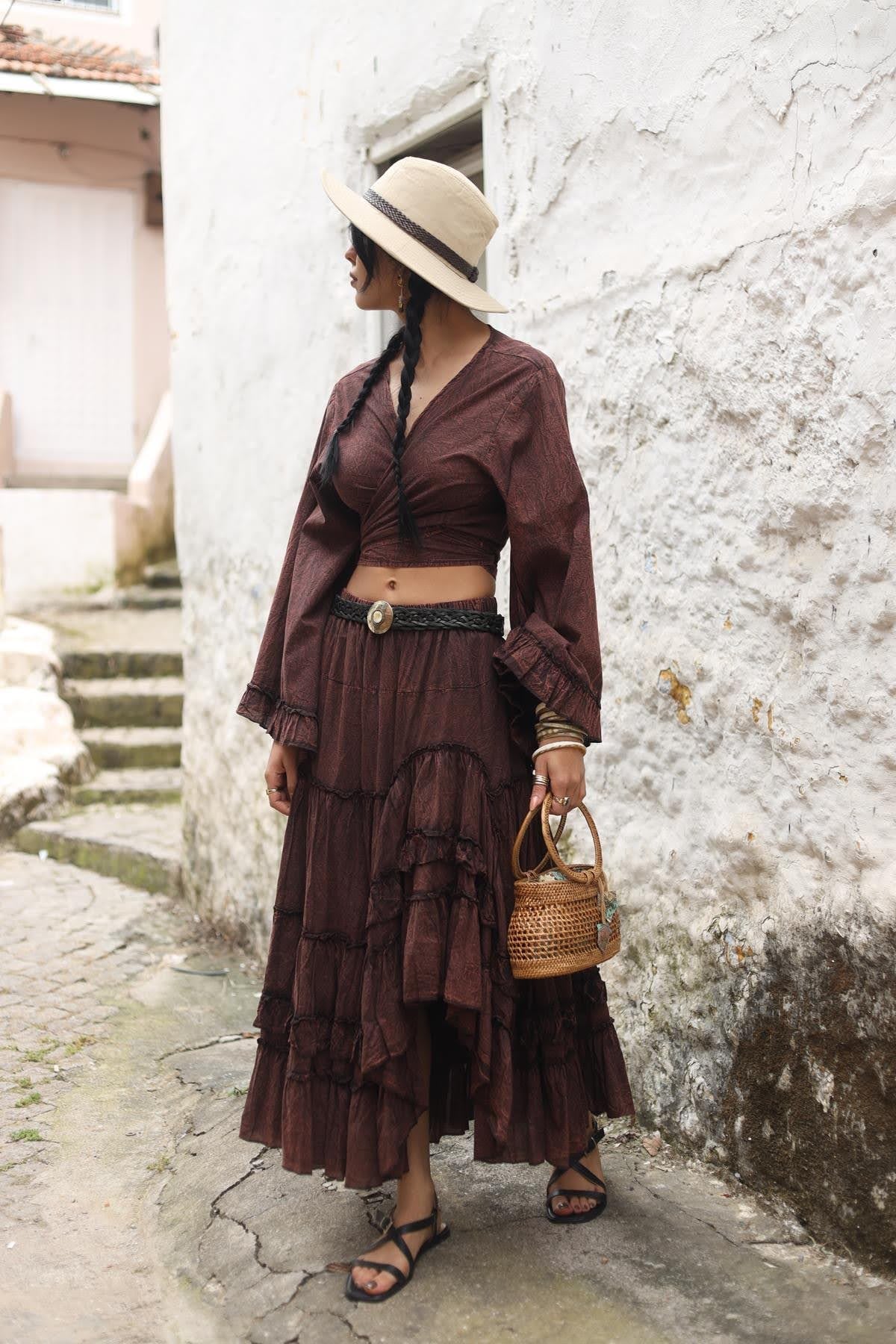 Bordo Taşlanmış Volanlı Bolero ve Etek Takım