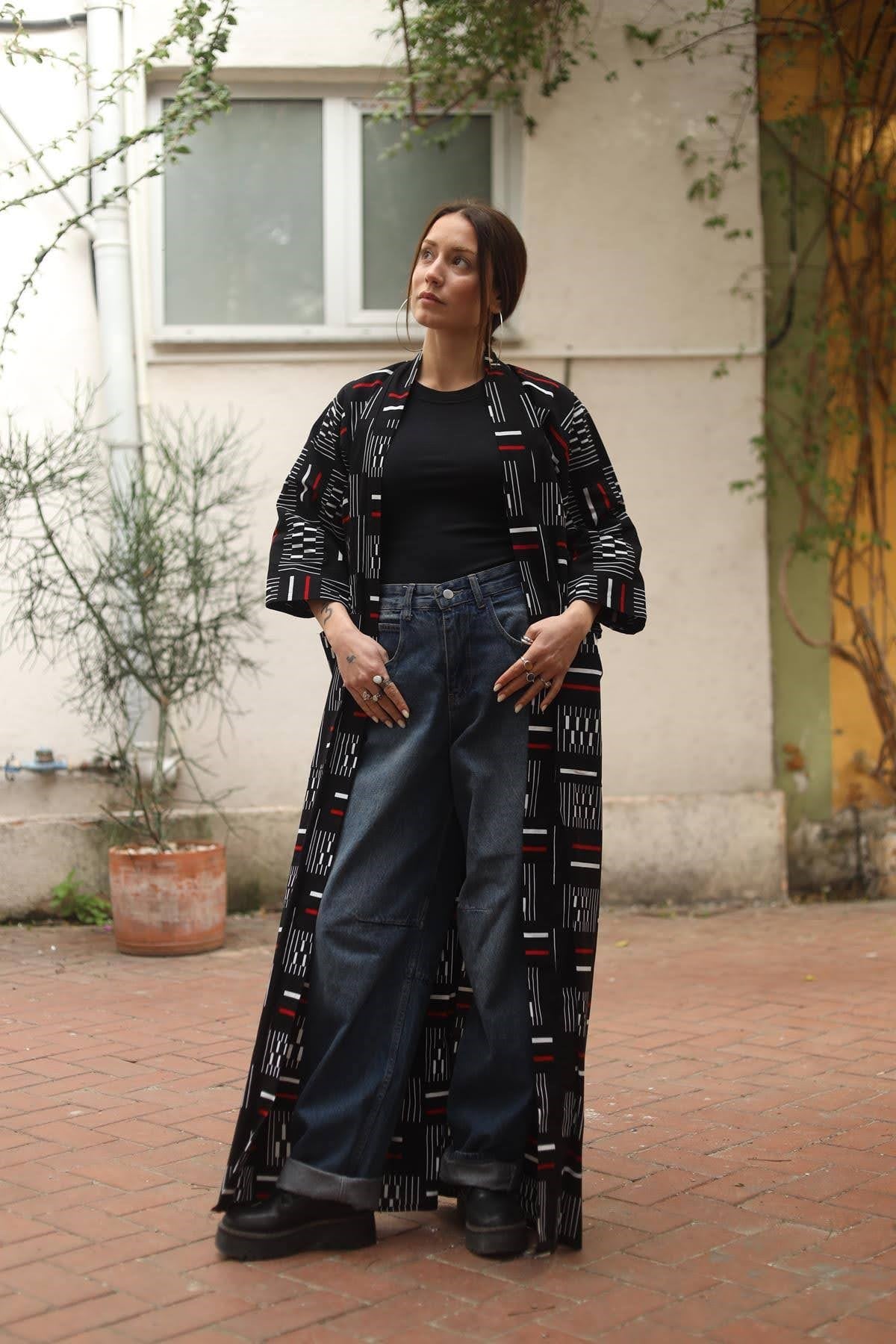 Siyah Büyük Cepli Uzun Kaftan