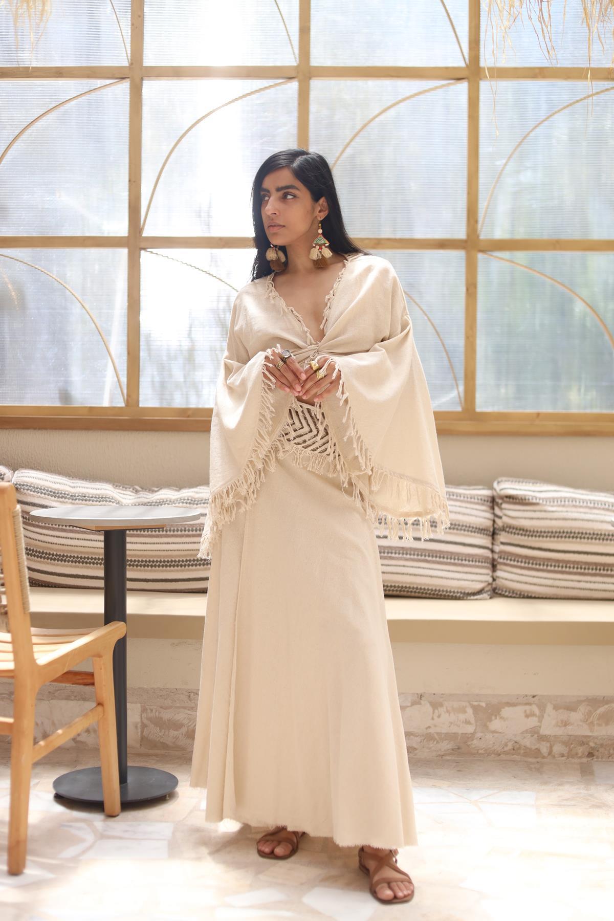 Krem Rengi Püsküllü Kimono Kollu Bohem Bolero