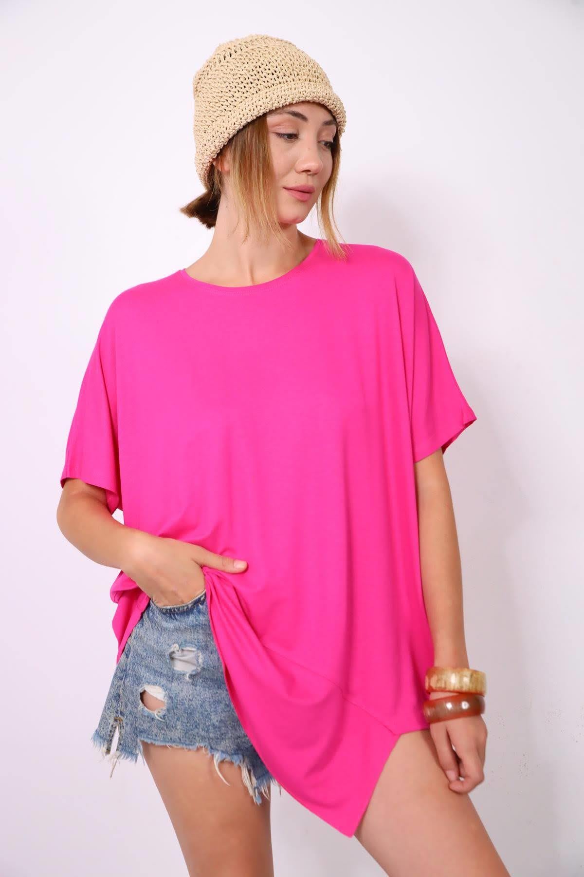 Pink Patched Hem Short Sleeve Blouse - Saman Butik | Shop Online Pink Patched Hem Short Sleeve Blouse