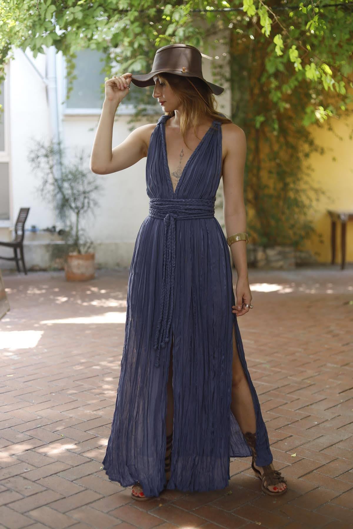 Indigo Blue V Neck Thick Knit Strappy Dress