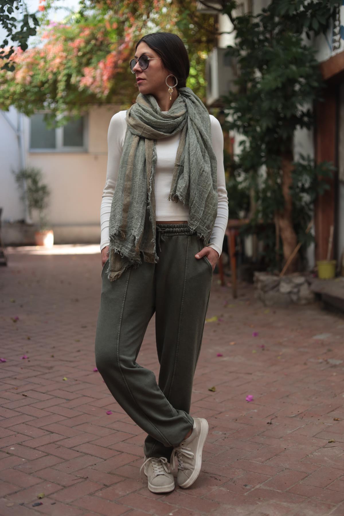 Haki Yıkamalı Paçası Lastikli Eşofman Pantolon