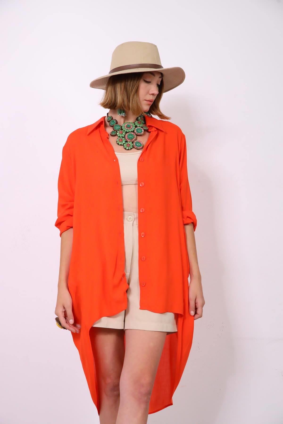 Turuncu Arkası Uzun Gömlek - Şaman Butik - Bohem Giyim ve Aksesuar | Kadın & Erkek Turuncu Arkası Uzun Gömlek