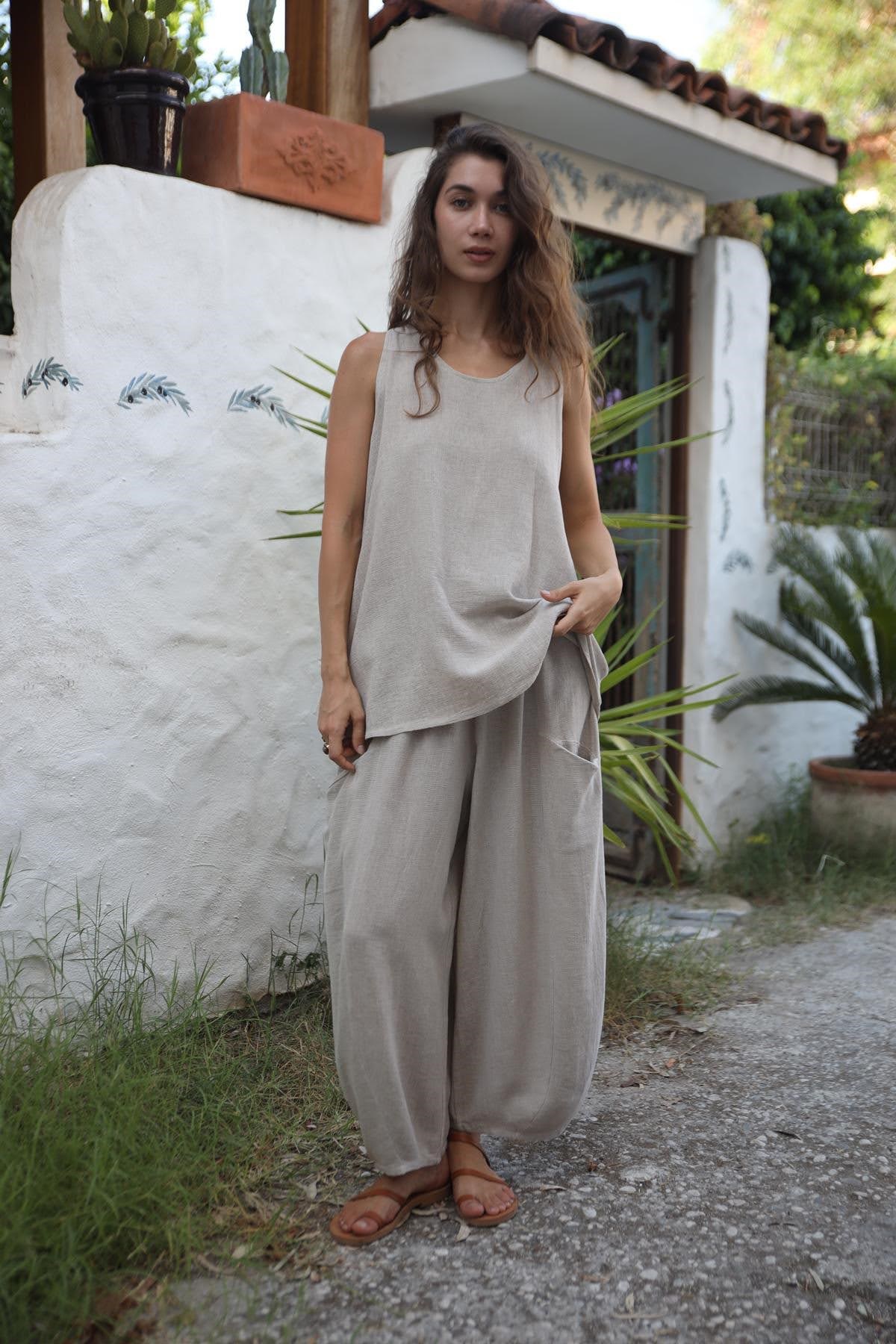 Cream Color Elastic Waist Linen Trousers