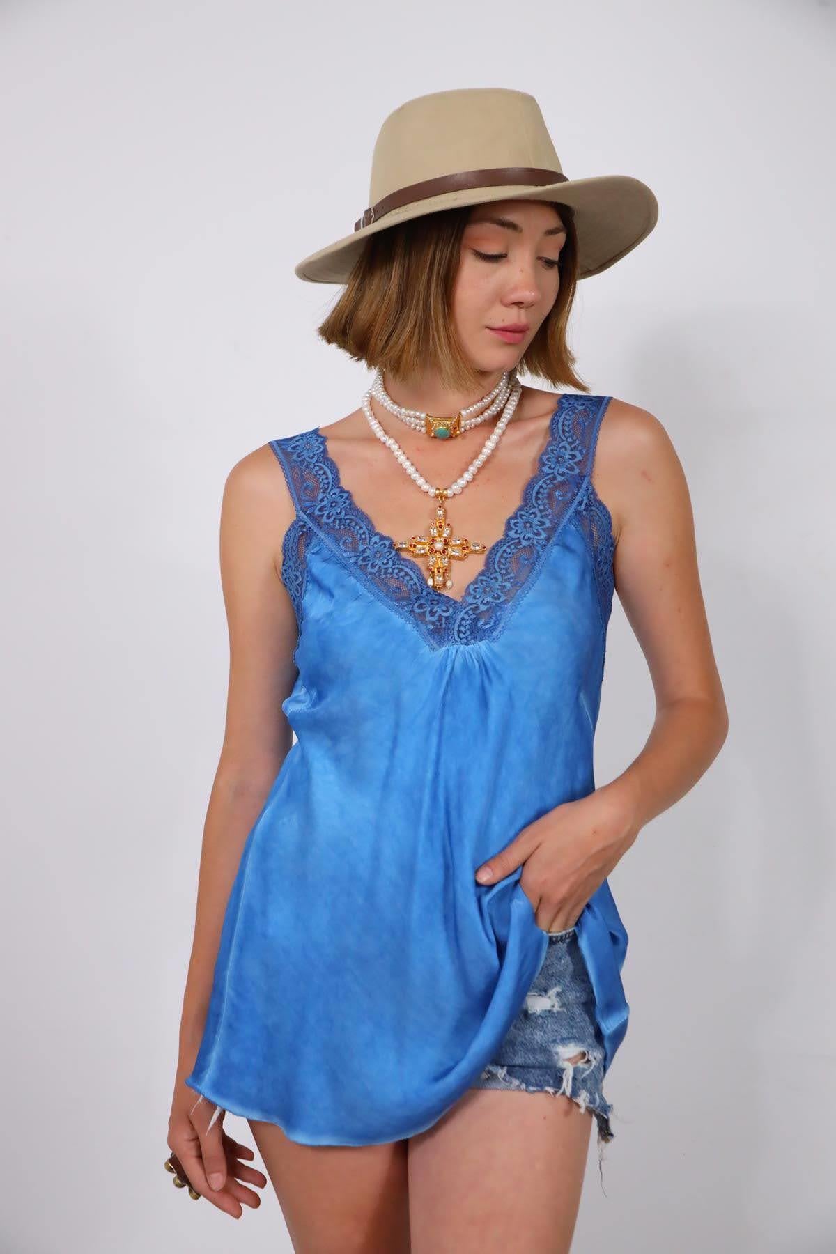 Sax Blue Fine Lace Embroidered Silk Tank Top Sax Blue Fine Lace Embroidered Silk Tank Top