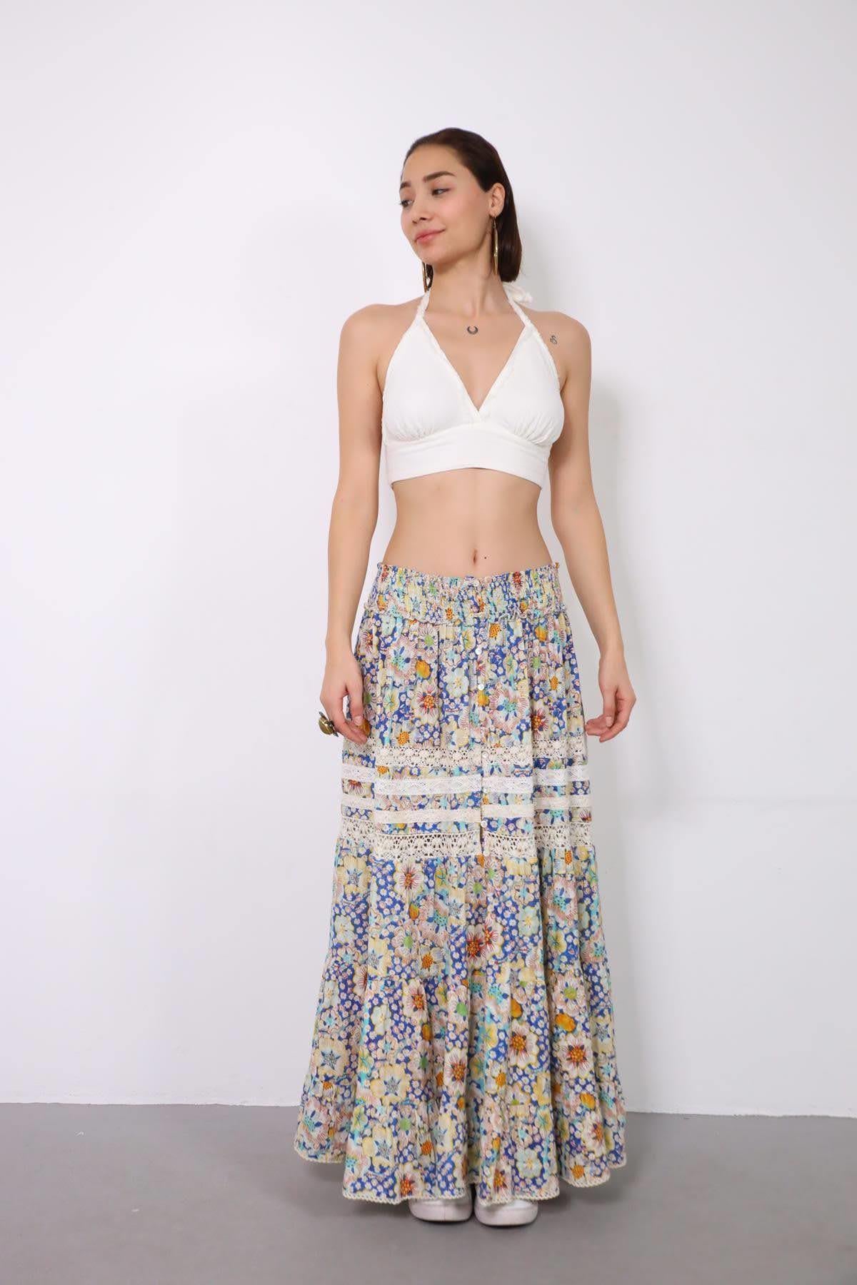 Krem Rengi Beli Gipeli Dantelli Çiçek Desenli Etek - Şaman Butik Krem Rengi Beli Gipeli Dantelli Çiçek Desenli Etek