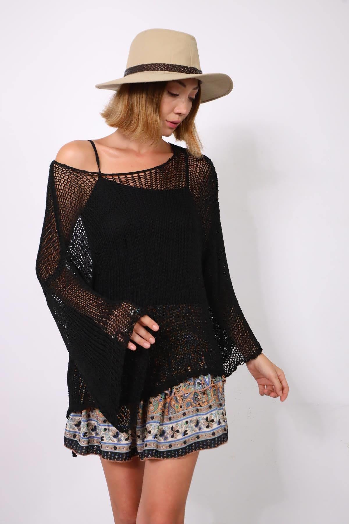 Siyah Önü Kısa File Triko Tunik - Şaman Butik Siyah Önü Kısa File Triko Tunik