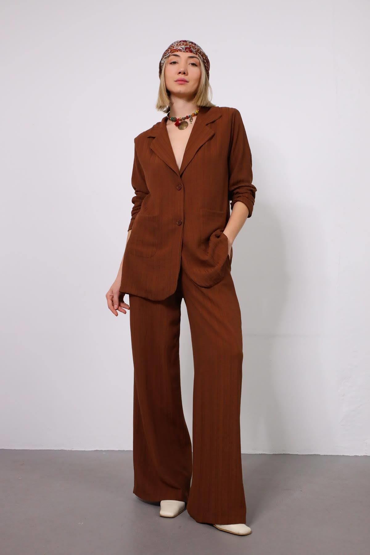 Acı Kahve Pantolon Ceket Gofre Takım - Şaman Butik Acı Kahve Pantolon Ceket Gofre Takım