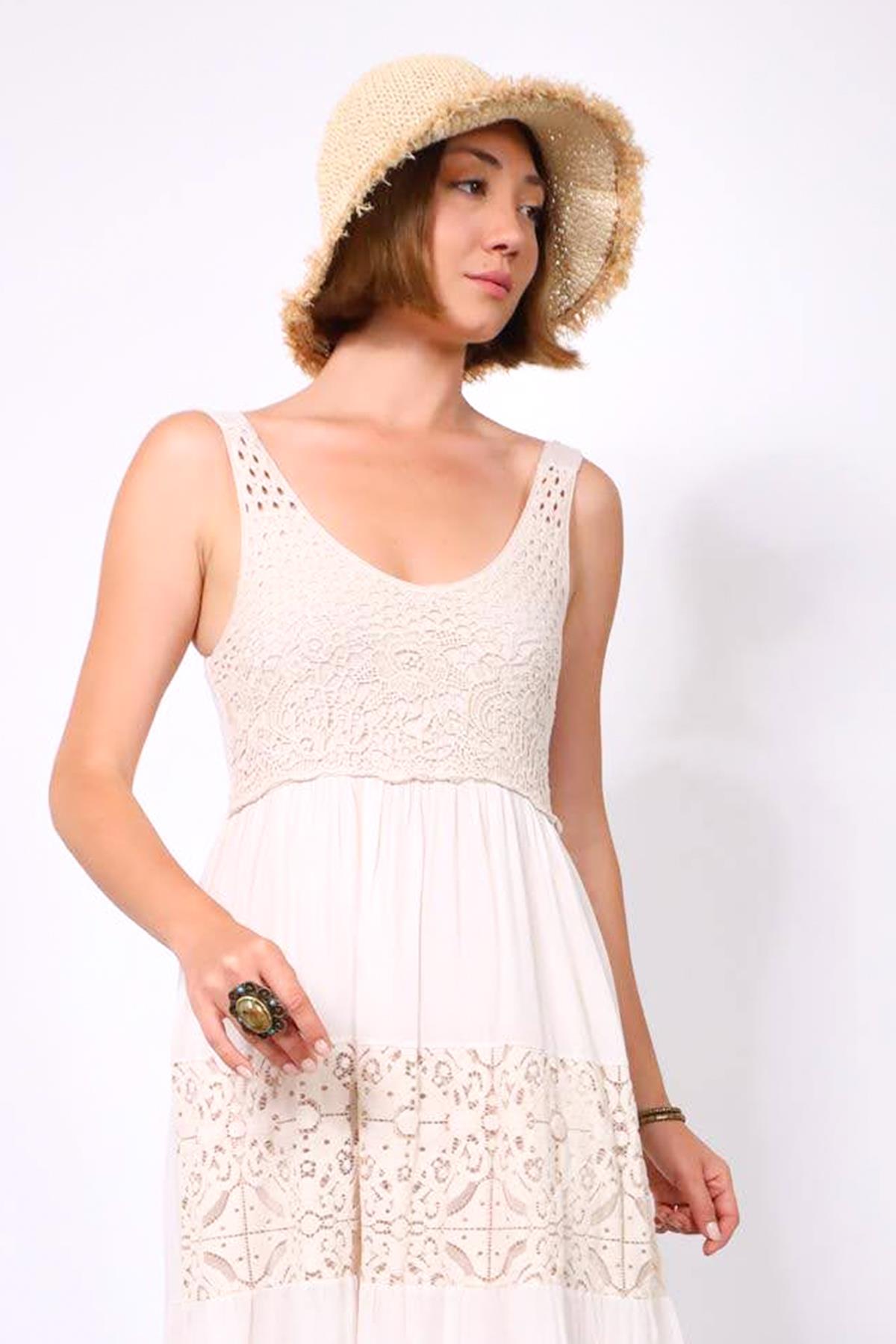  Bej Saçaklı El Örgüsü Hasır Şapka