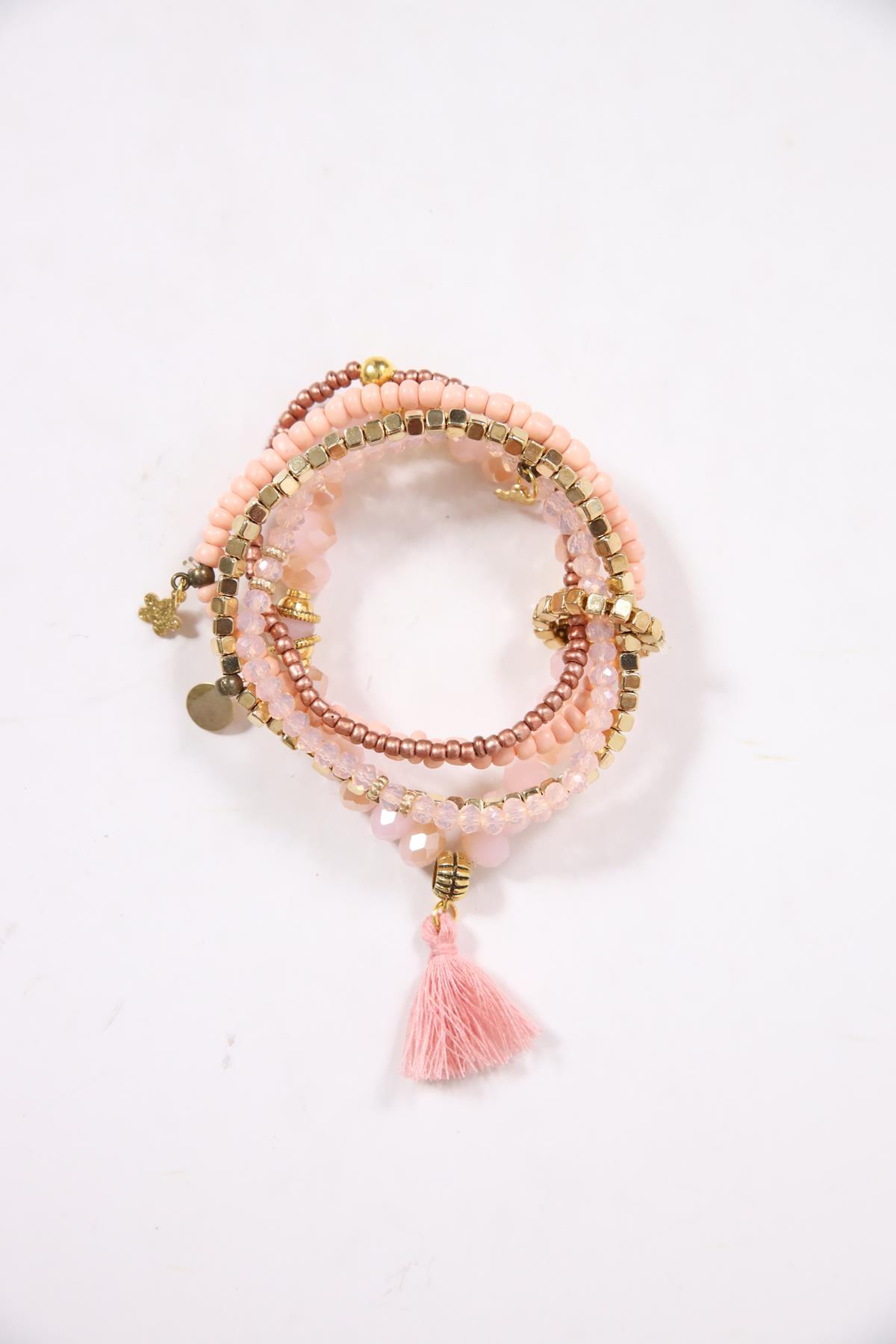  Püskül Detaylı Renkli Doğal Taş Çoklu Bileklik