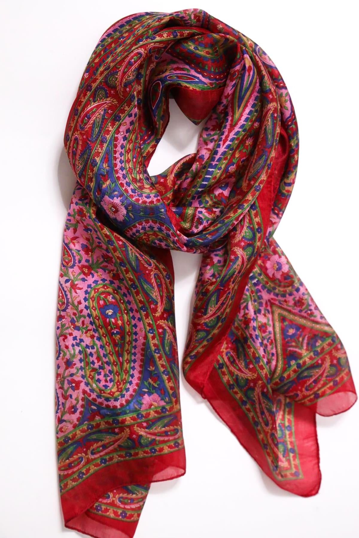 Bordo Desenli İpek Şal - Şaman Butik Bordo Desenli İpek Şal