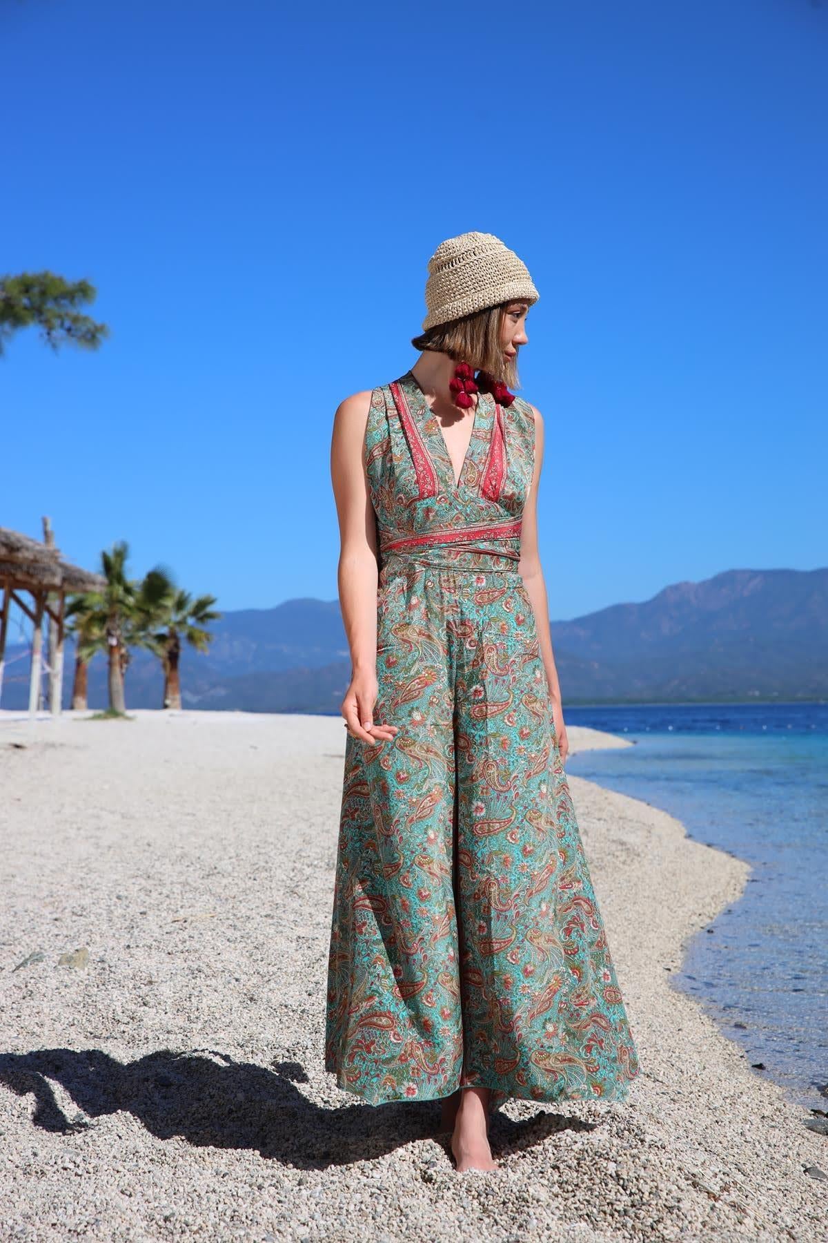 Mint Yeşili Şal Desenli İpek Tulum - Şaman Butik Mint Yeşili Şal Desenli İpek Tulum