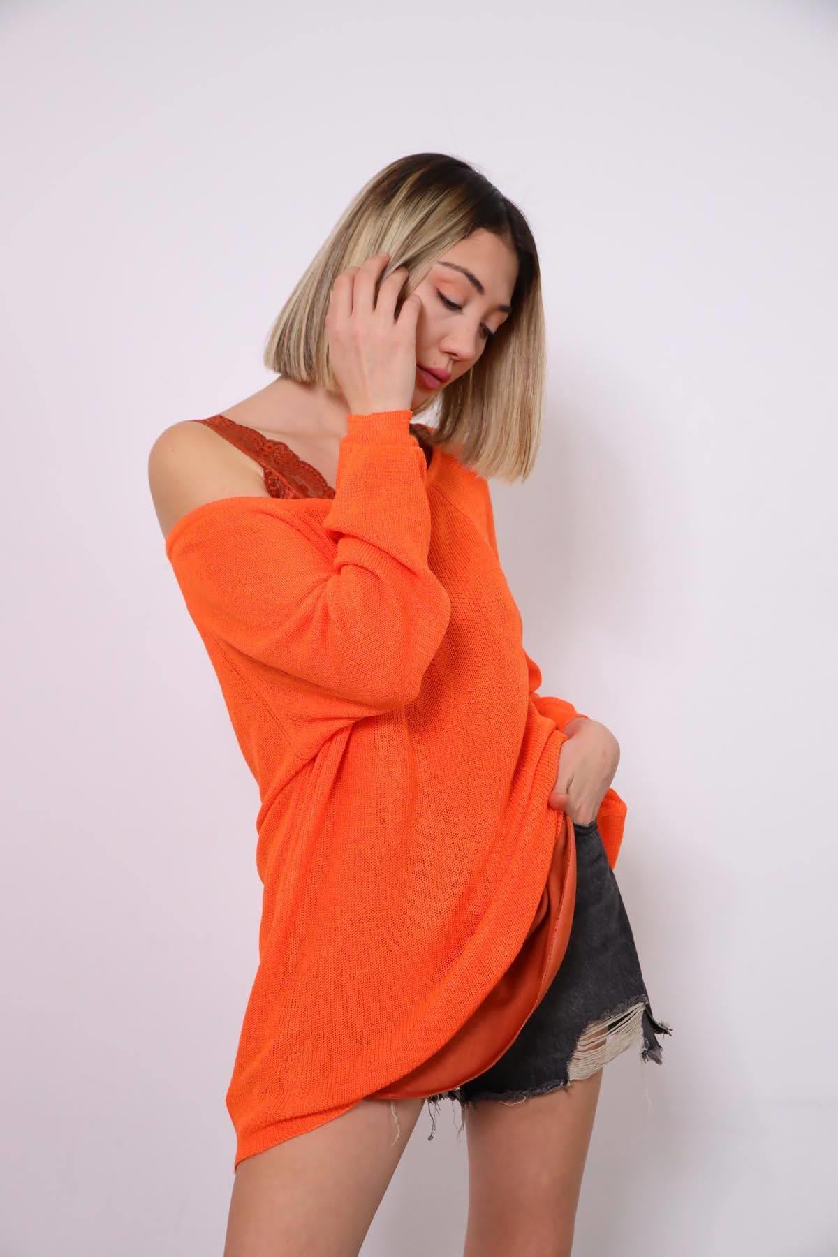 Turuncu Ribanalı Kayık Yaka Merserize Bluz - Şaman Butik Turuncu Ribanalı Kayık Yaka Merserize Bluz