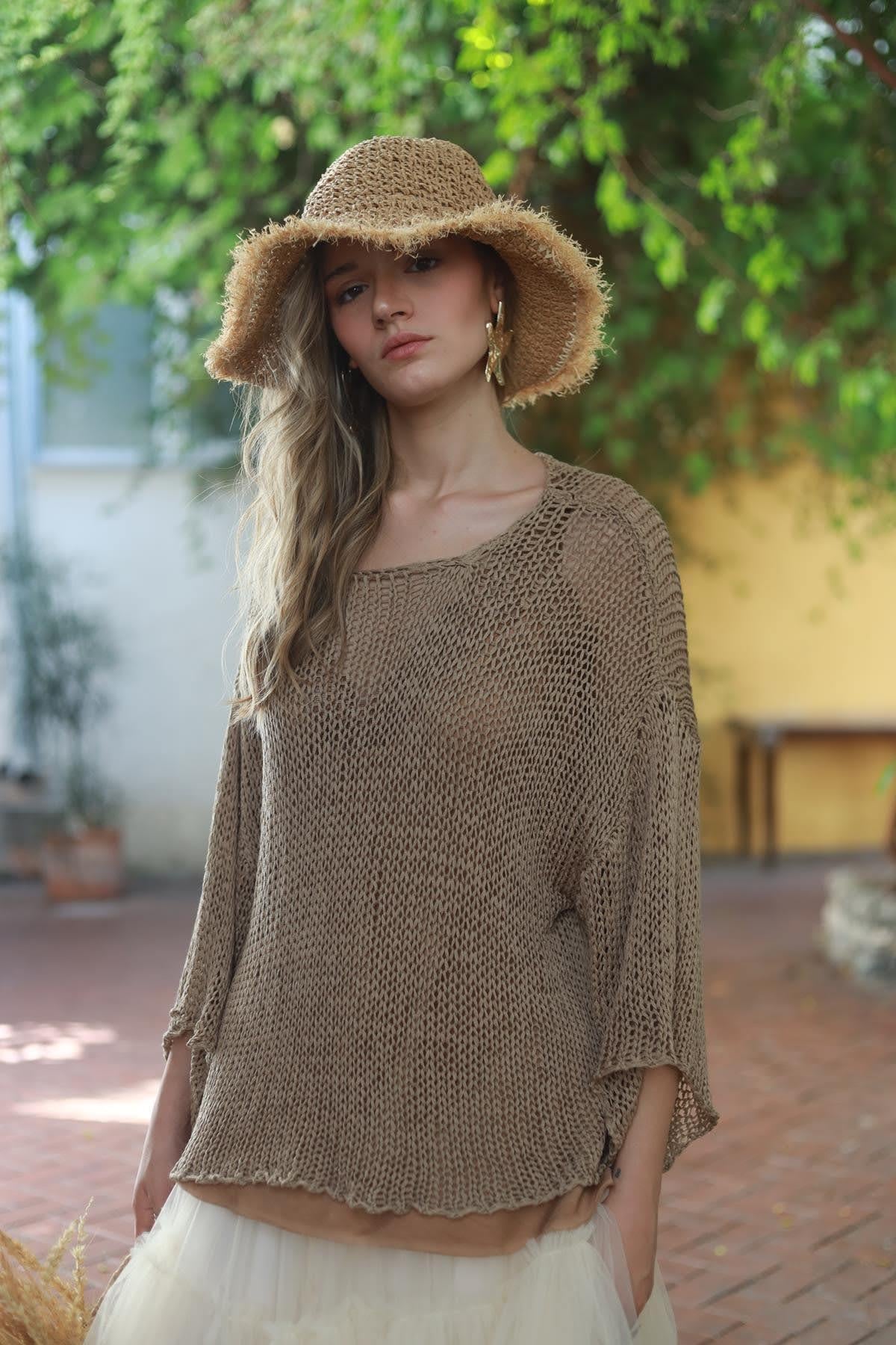 Vizon Rengi Önü Kısa File Triko Bluz