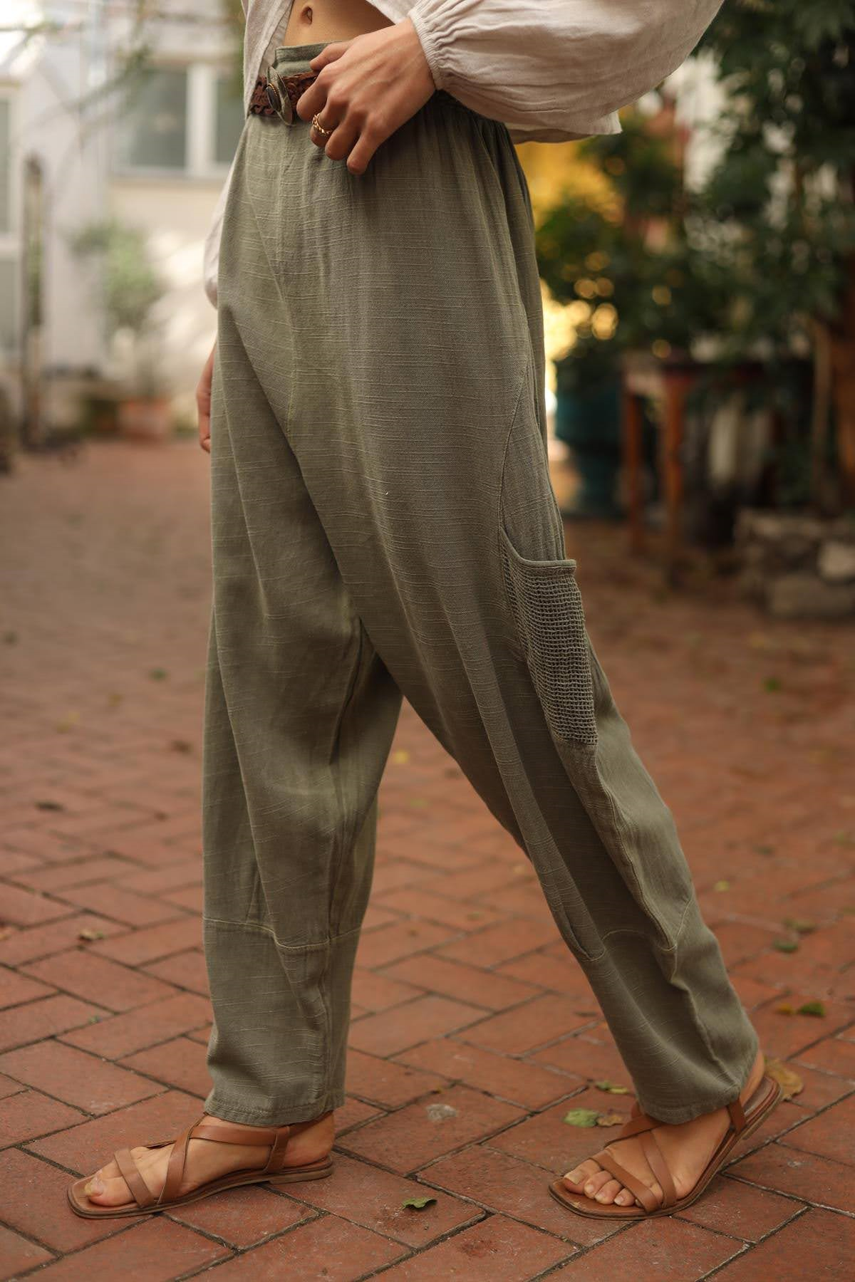 Khaki Gimped Detail Mesh Pocket Pants