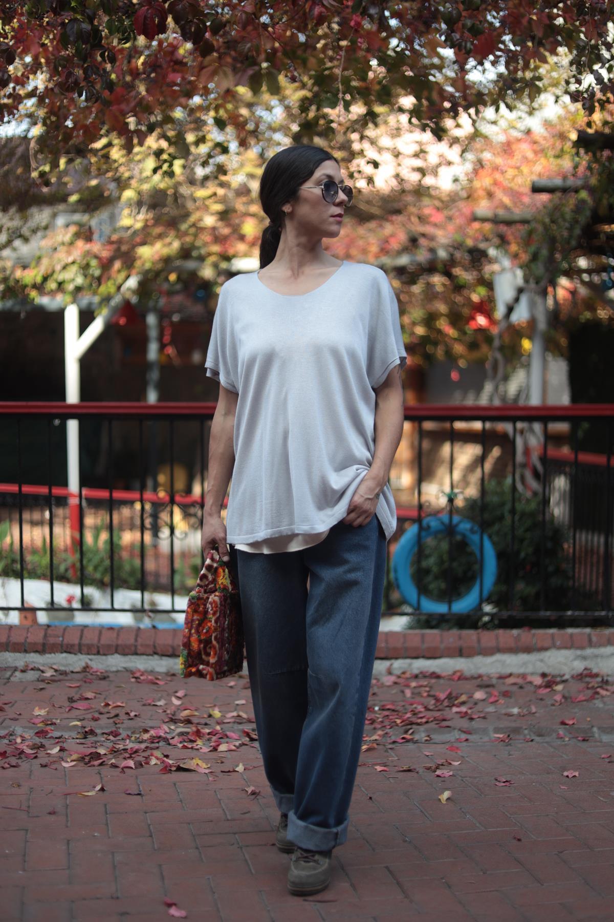 Gri Oversize Triko Bluz