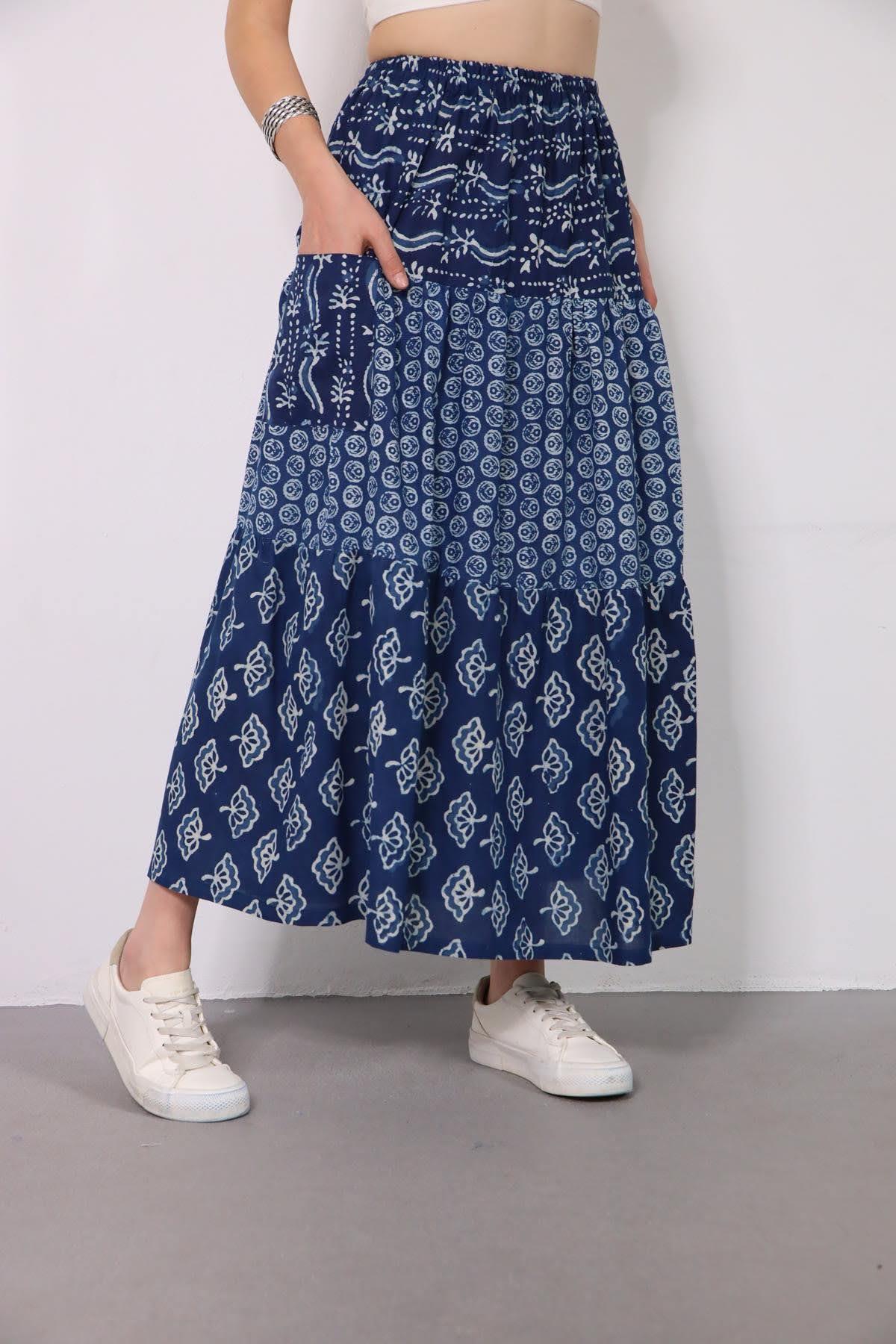 Mavi Cepli Otantik Parçalı Etek - Şaman Butik Mavi Cepli Otantik Parçalı Etek