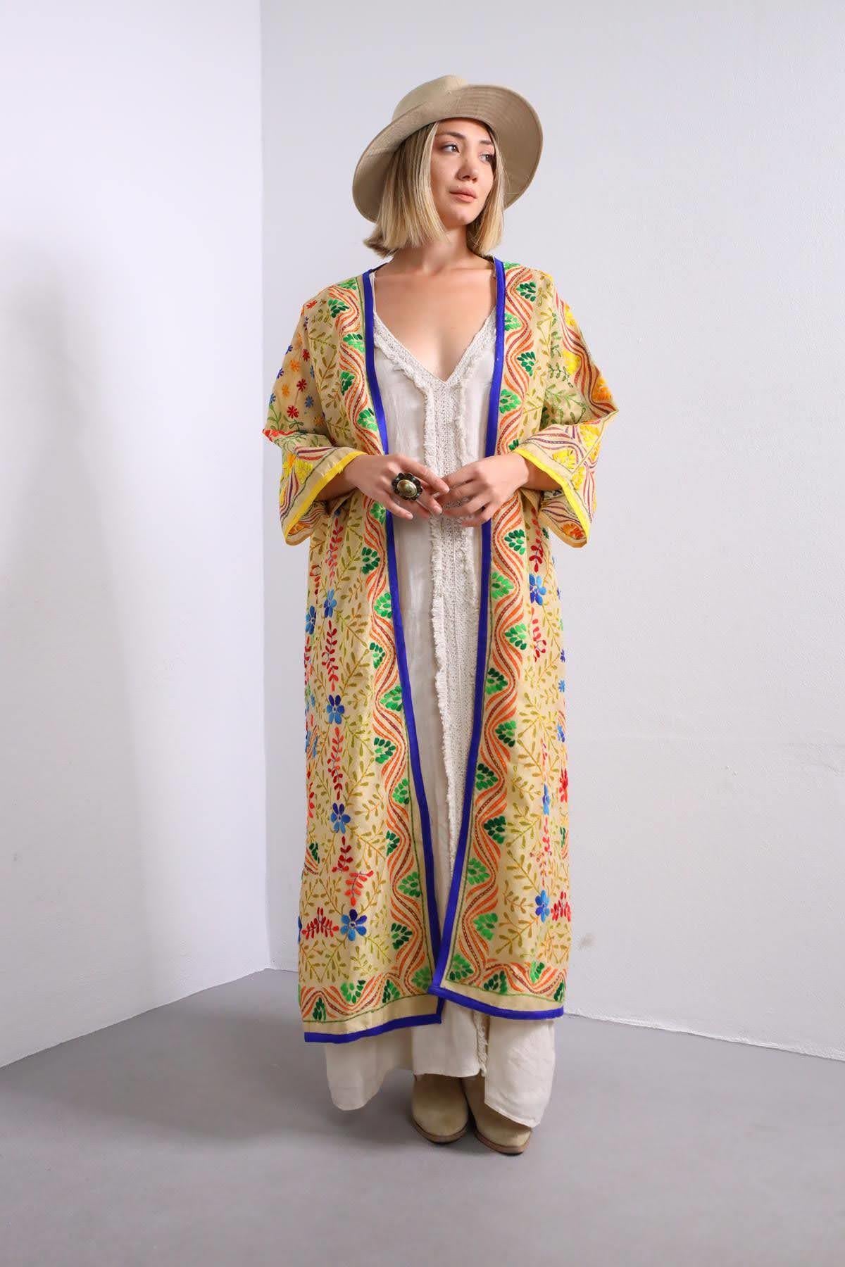 Hardal Rengi İşlemeli Bohem Kaftan - Şaman Butik Hardal Rengi İşlemeli Bohem Kaftan