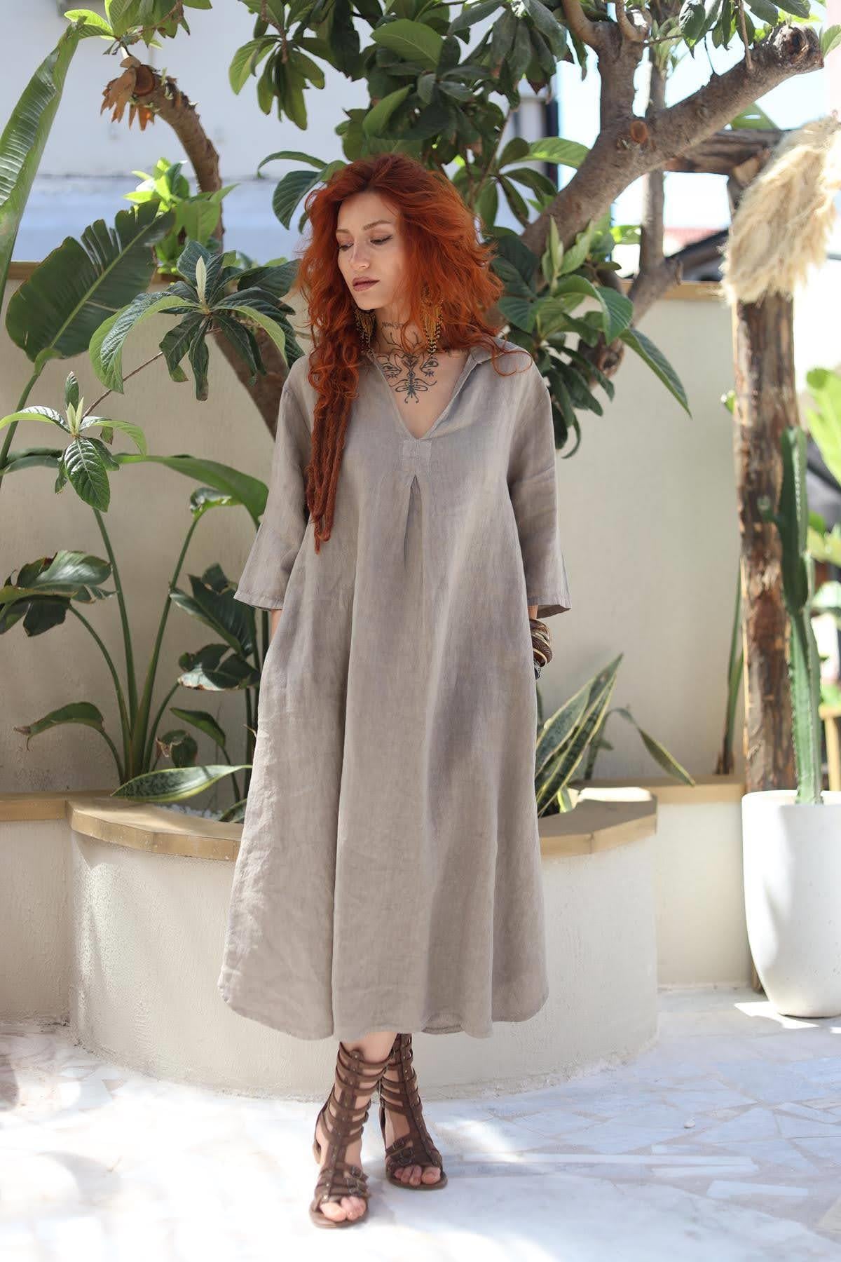 Vizon Rengi Önü Pileli Gömlek Yaka Keten Elbise