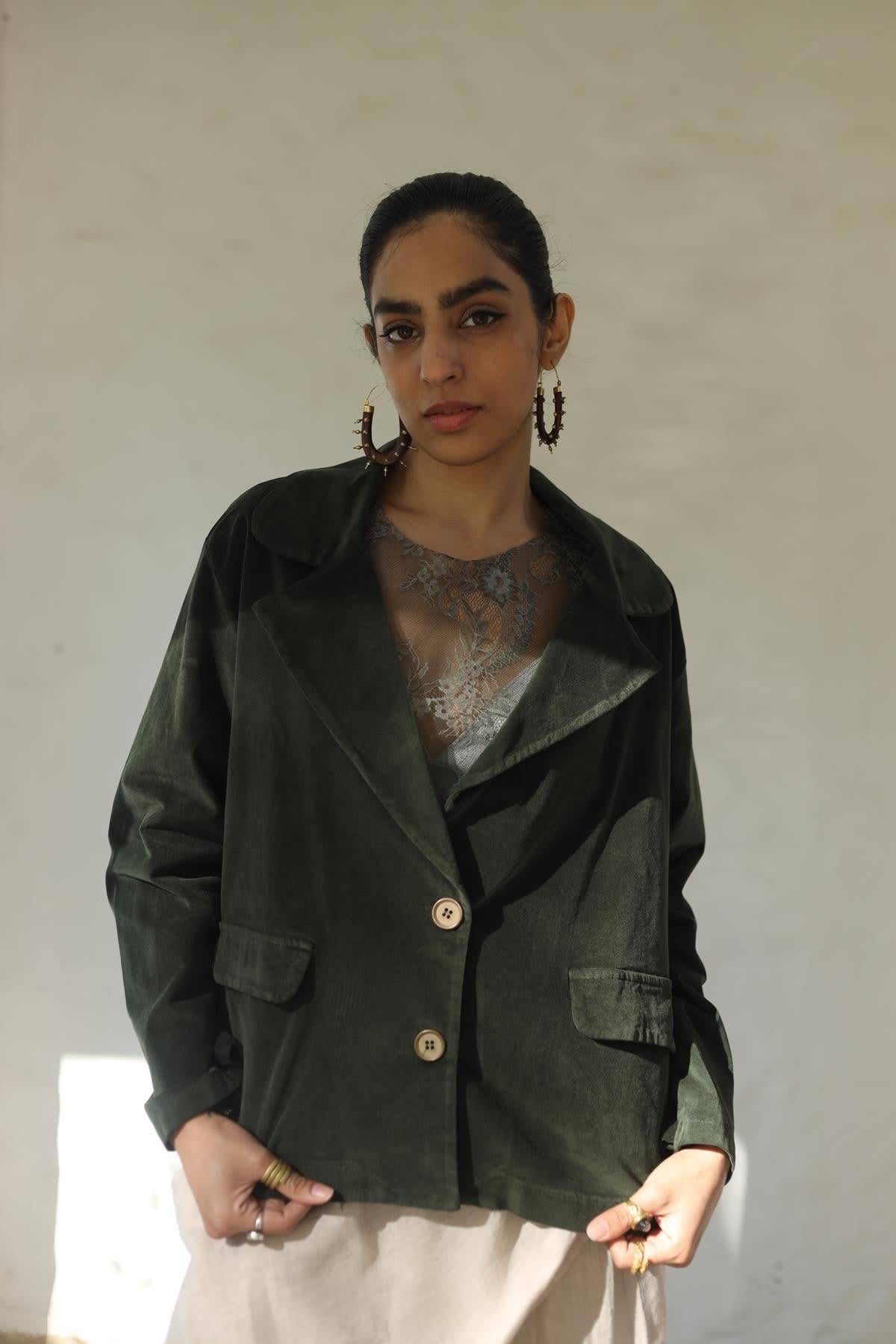 Haki Kadife Blazer Ceket