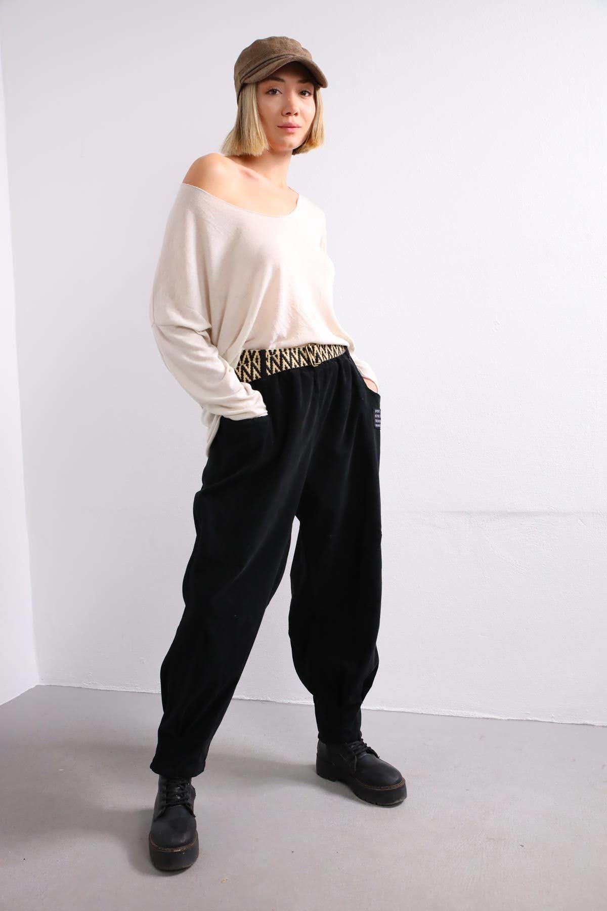 Siyah Kemerli Kadife Pantolon - Şaman Butik Siyah Kemerli Kadife Pantolon