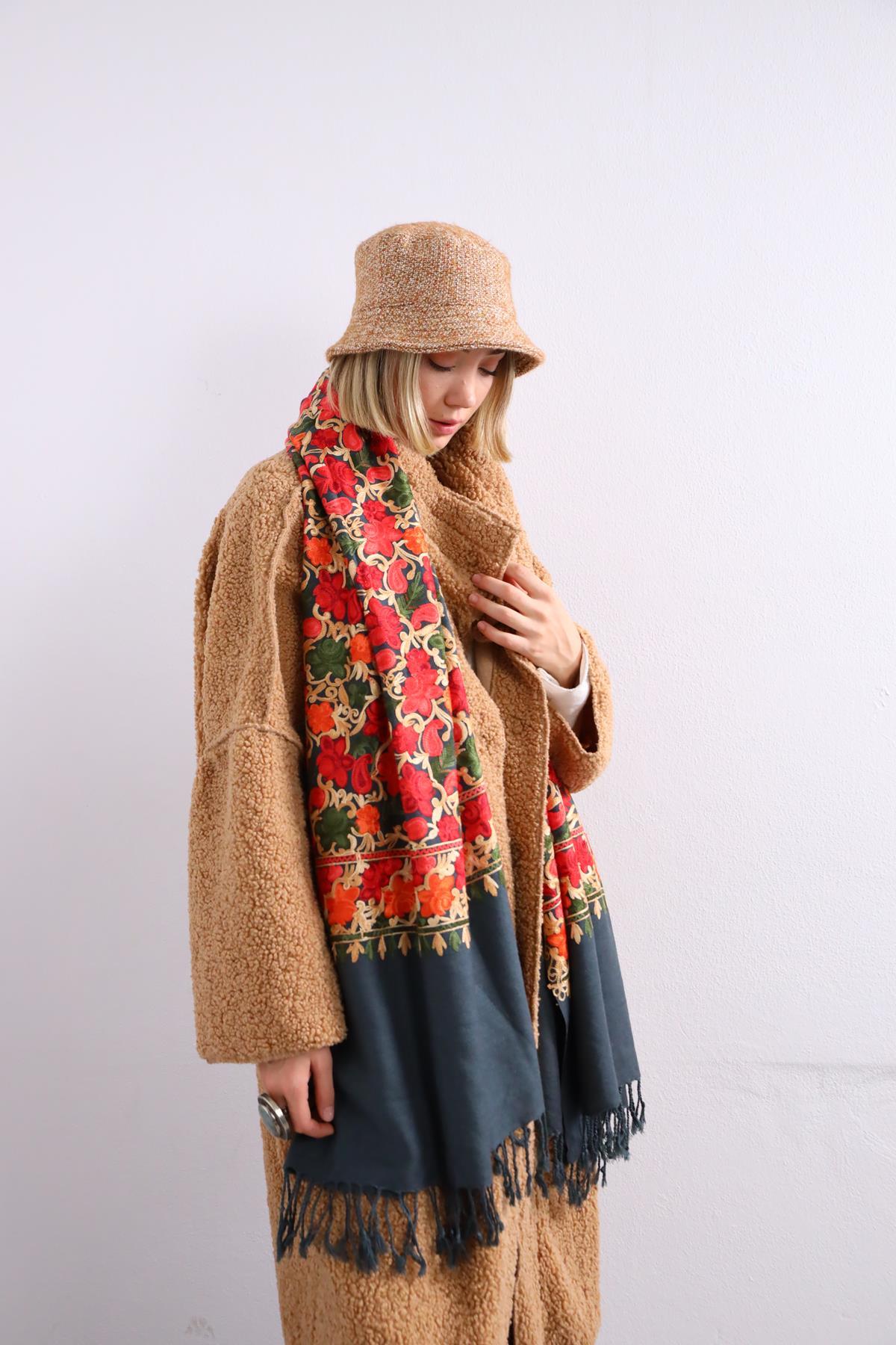 Antrasit Çiçek İşlemeli Pamuk Şal - Şaman Butik Antrasit Çiçek İşlemeli Pamuk Şal