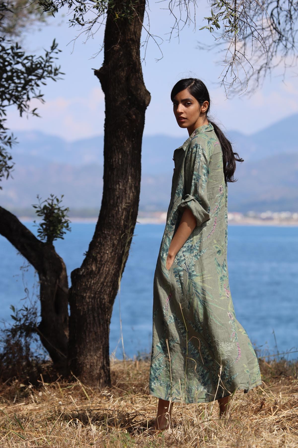 Haki Desenli Keten Gömlek Elbise