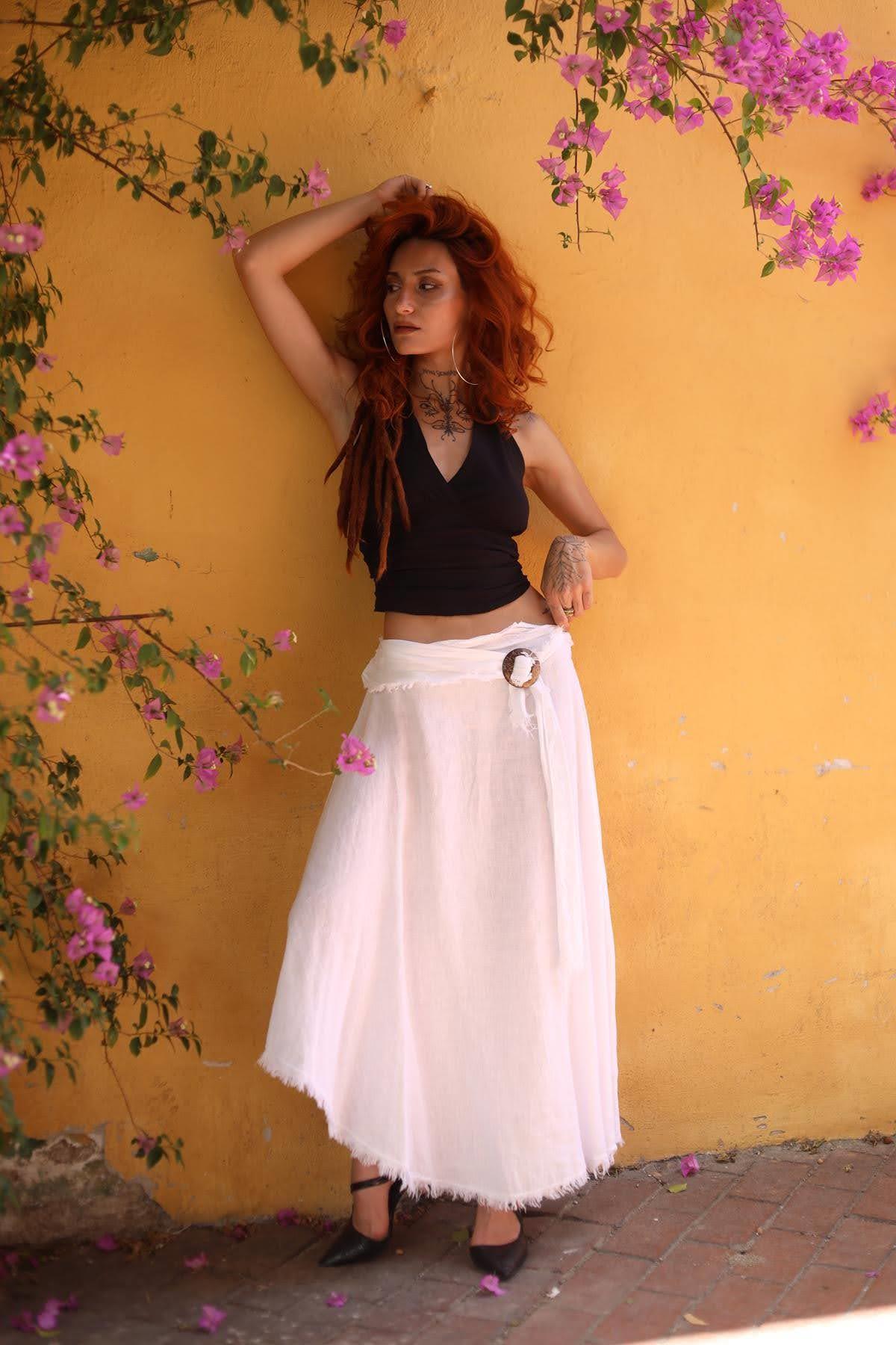 White Fringe Detail Linen Skirt