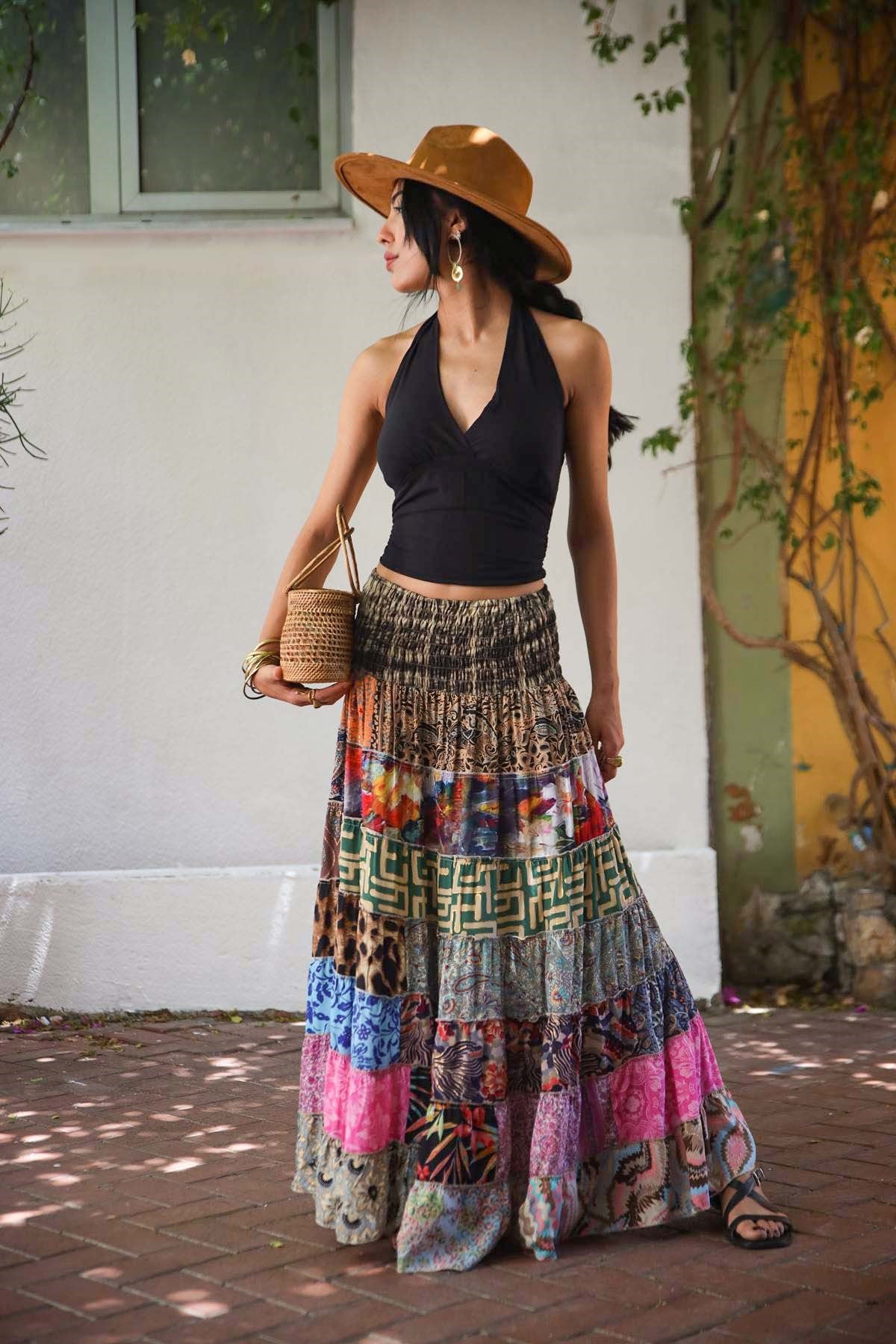 Renkli Beli Lastikli Otantik Desenli Patchwork Etek