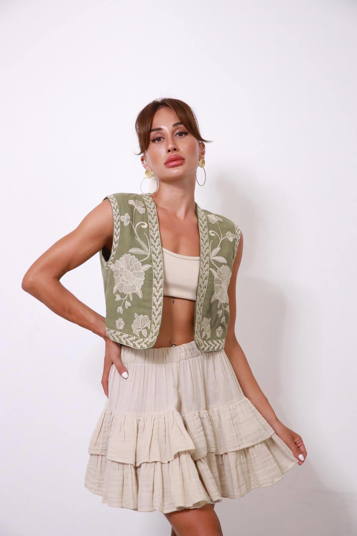 Haki Nakış İşlemeli Yelek - Şaman Butik Haki Nakış İşlemeli Yelek