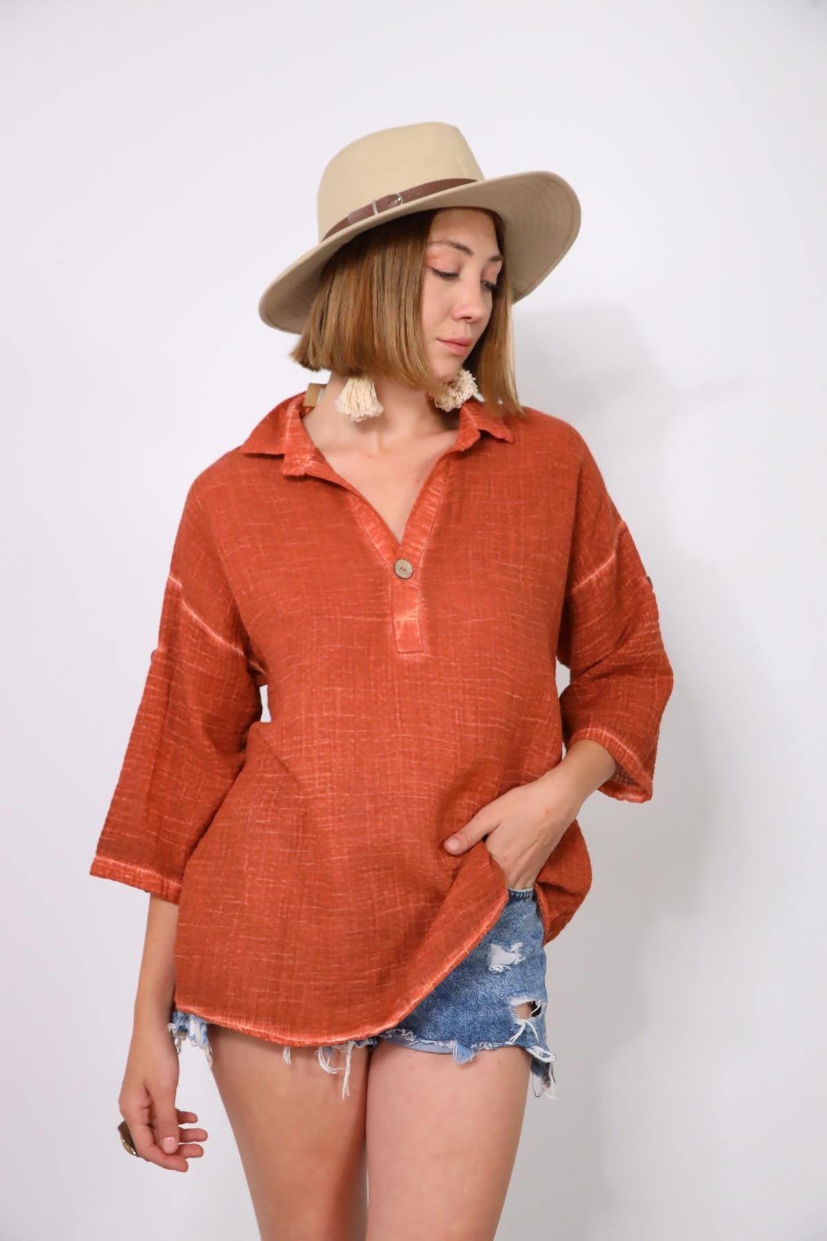  Kiremit Rengi Yağ Yıkama Müslin Tek Düğmeli Gömlek