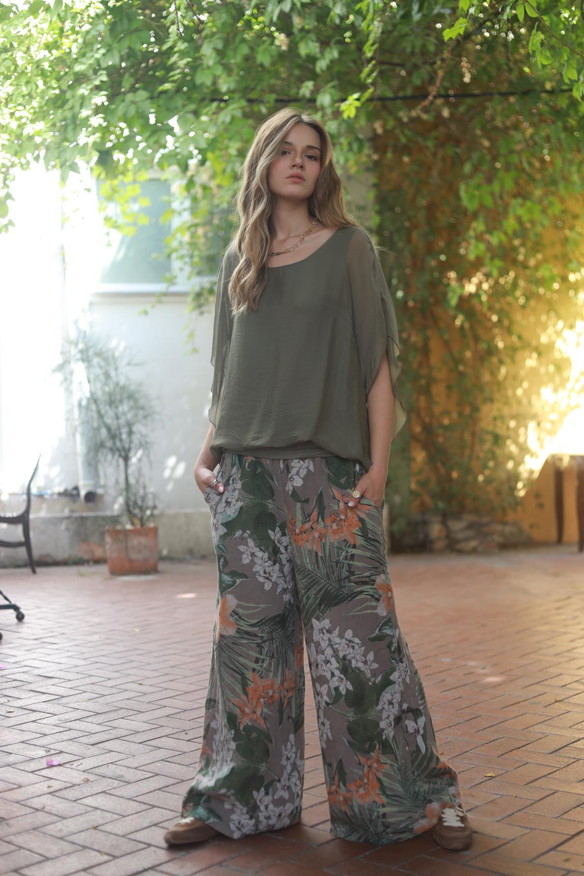 Vizon Rengi Çiçek Desenli Beli Lastikli Asena Pantolon