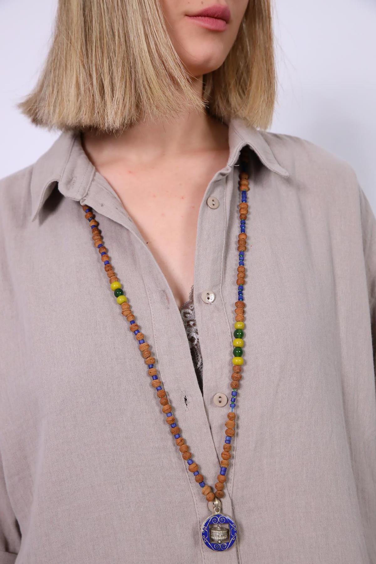 Rudrakshalı Antik Camlı Madalyonlu Uzun Mala - Şaman Butik Rudrakshalı Antik Camlı Madalyonlu Uzun Mala
