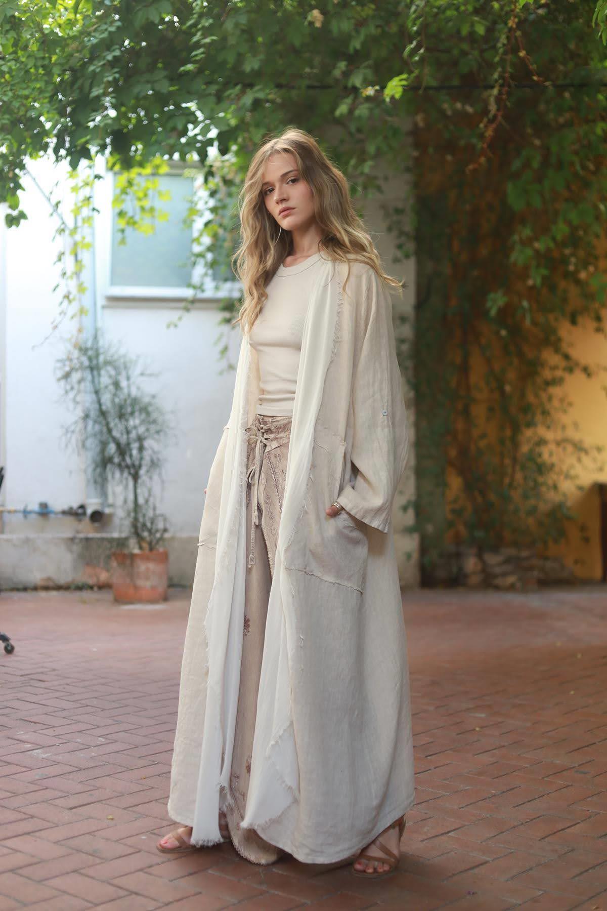 Cream  Fringed Linen Caftan
