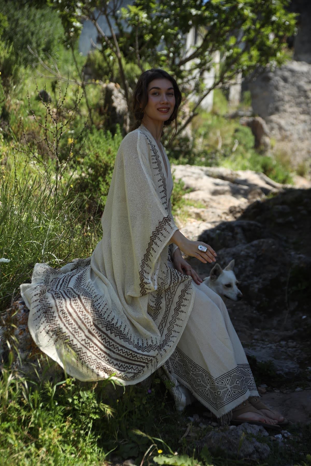 Taş Rengi Otantik Baskılı File Kimono