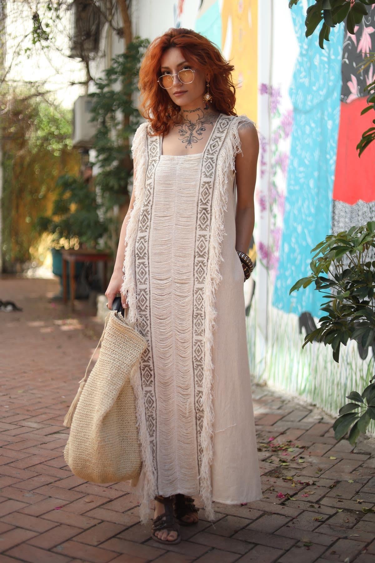 Krem Rengi Kare Yaka Püsküllü Askılı Bohem Elbise